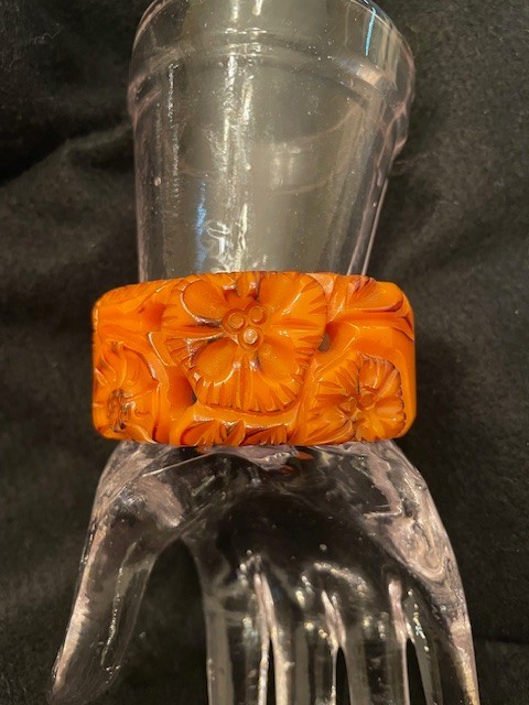 Art Deco 20-30’s Deeply Carved Flora Orange Bakelite Clamper Bangle Stunning!