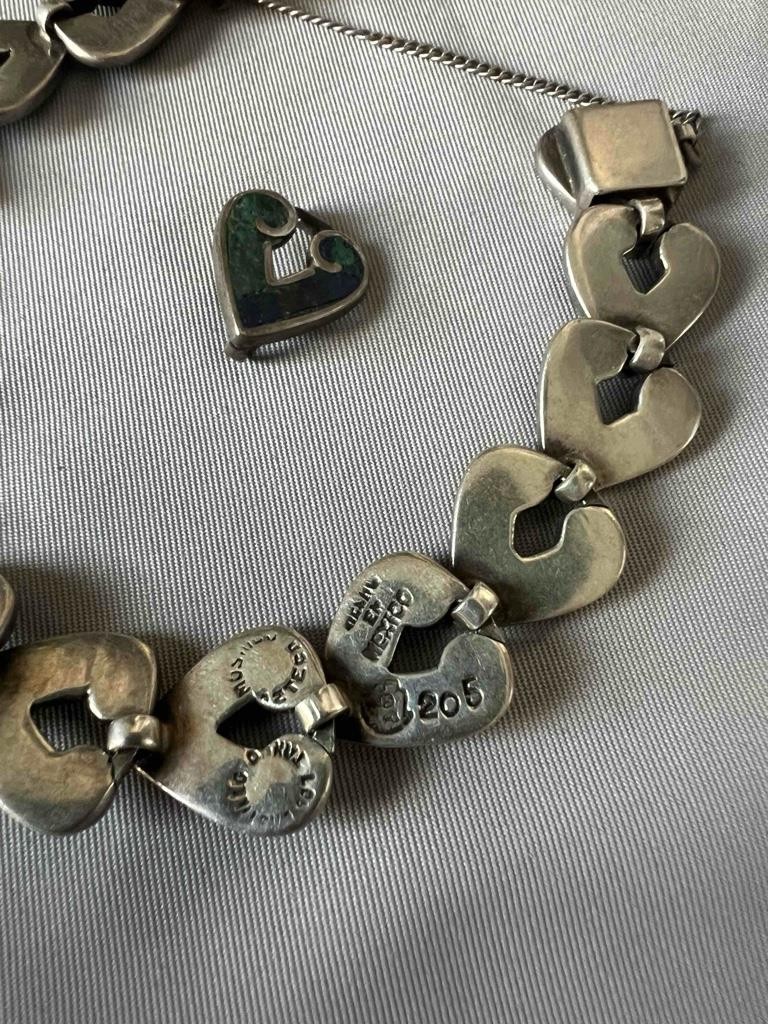 Los Castillo Sterling Silver Mosaico Azteca Azurite Bracelet Hearts 7″
