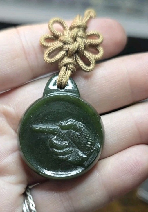 Dark Green Jade Pendant With Pointing Hand Design, Brown Knot Cord