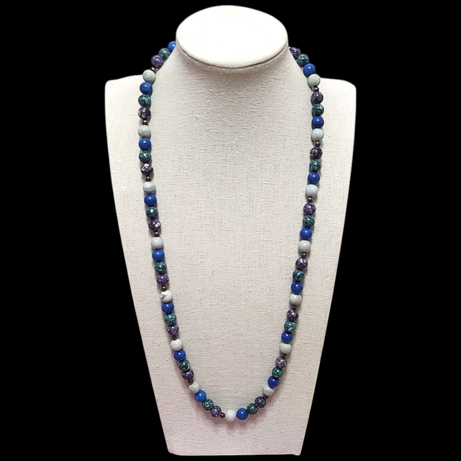 VTG Boho Long Blue Purple Natual Stone Beaded Bohemian Statement Necklace 25″