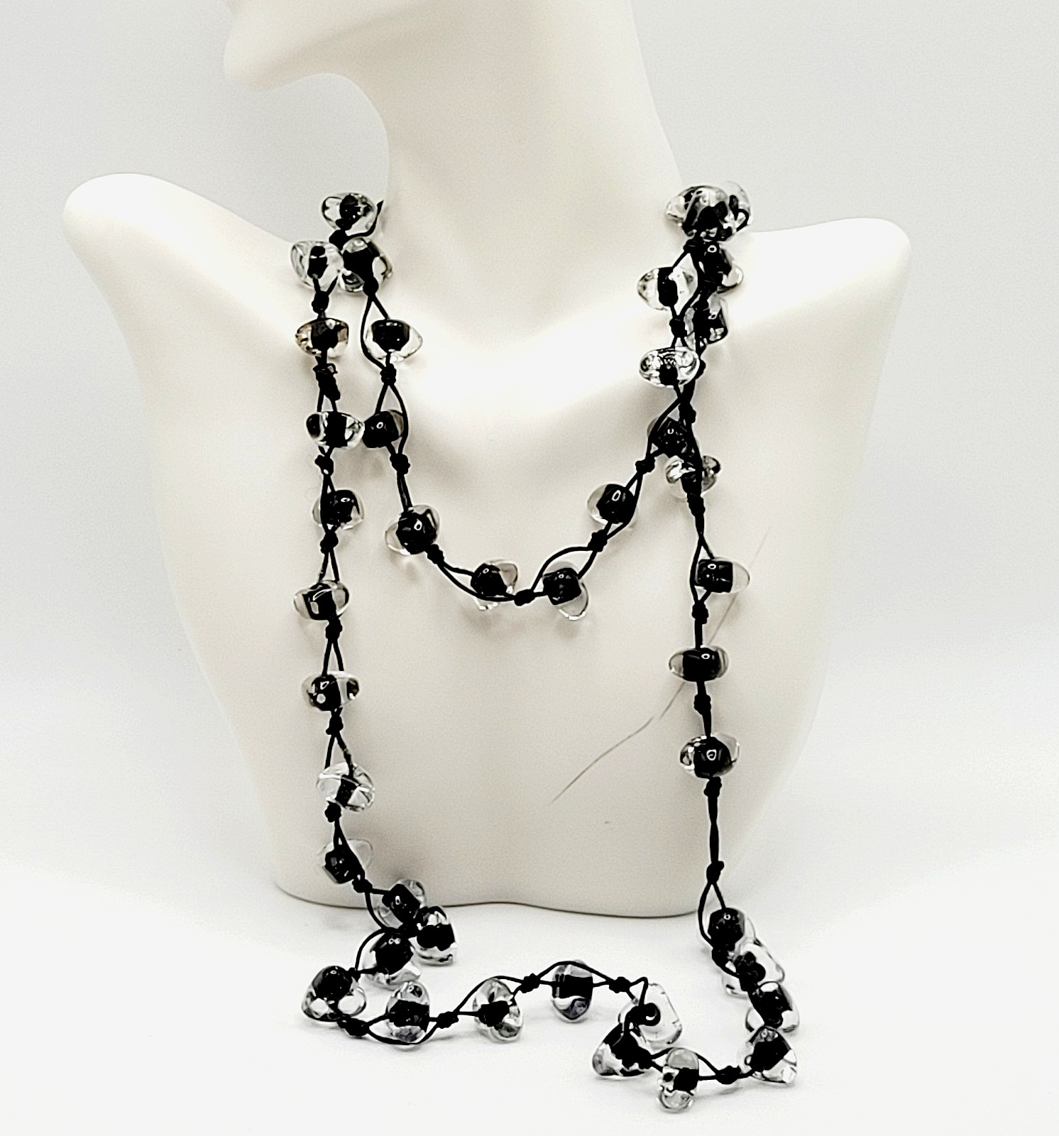 Art Glass Clear Ice Pebble Bead Hand Knot Black Thread Single Strand Necklace