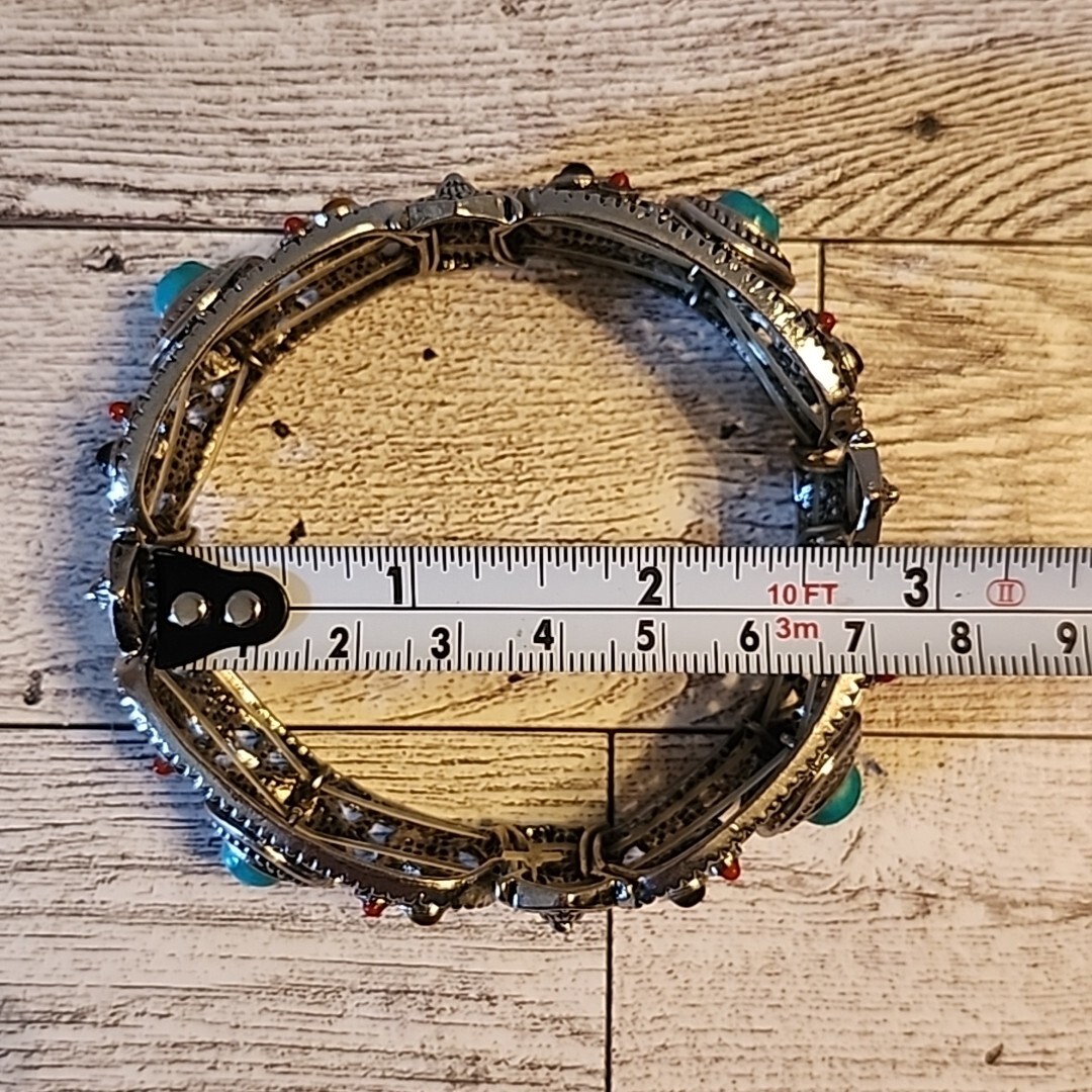 XL Graziano Bracelet Faux Turquoise and Red Bead Silvertone Stretch Band Vintage