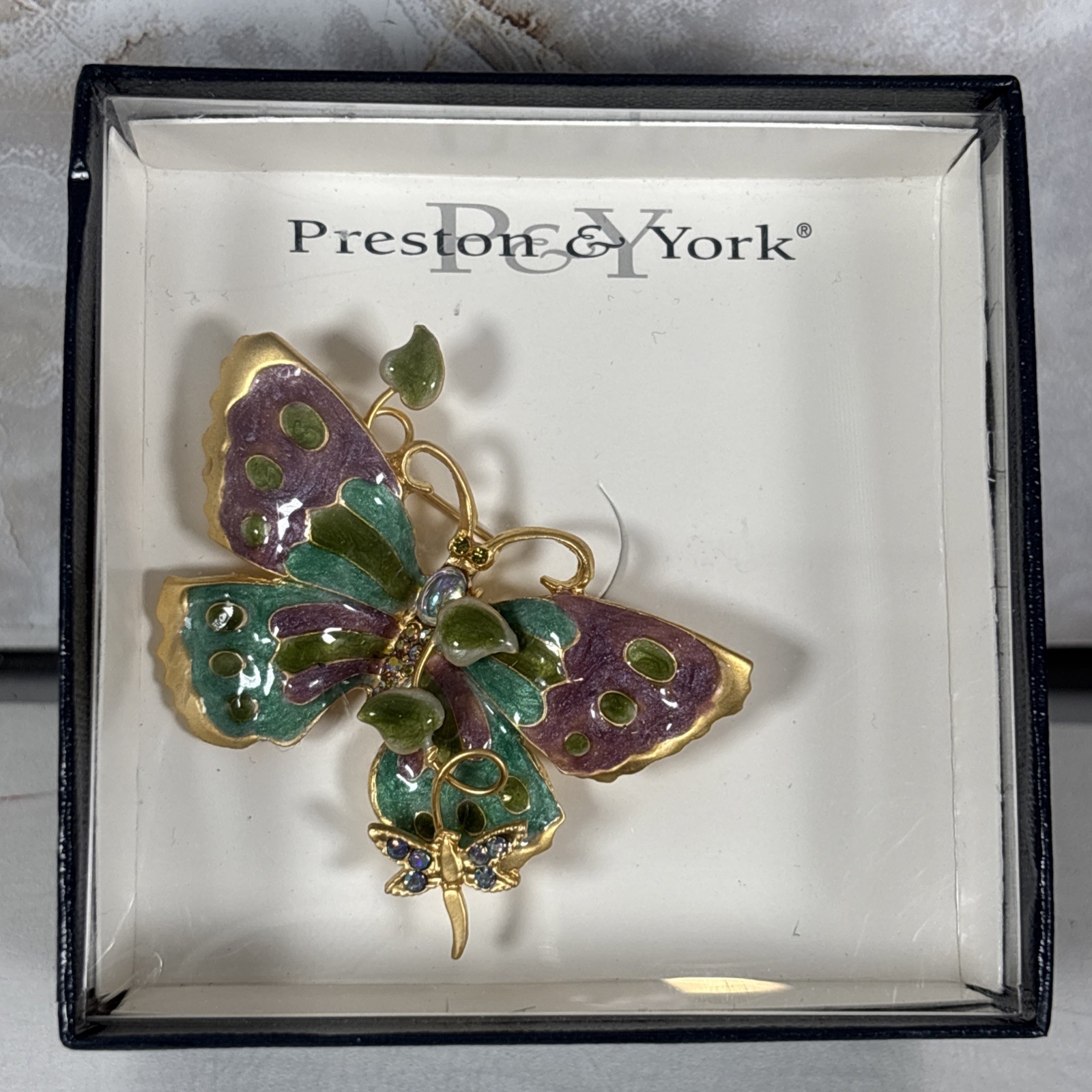 Enamel Mother BUTTERFLY w/ Baby Blue Green Violet Gold Tone Brooch Pin Metal