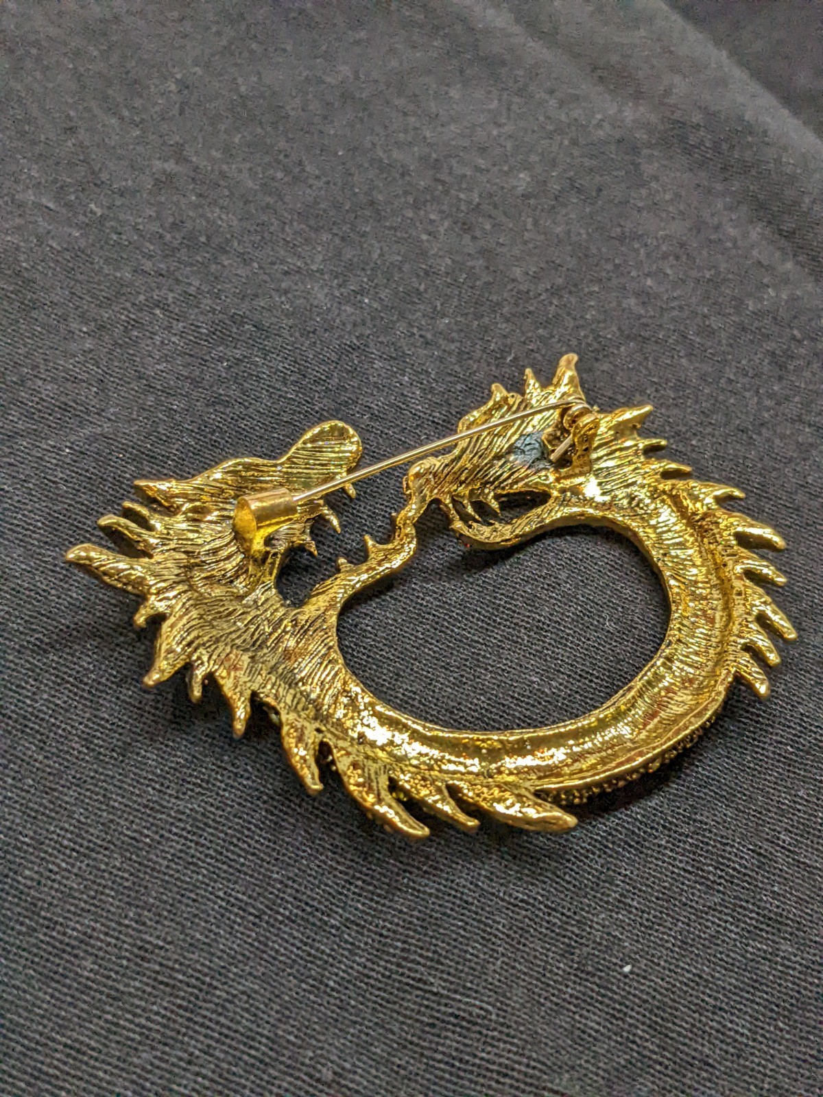 Vtg Dragon Brooch Gold Tone Green Red Rhinestone Chinese Fantasy Statement Pin