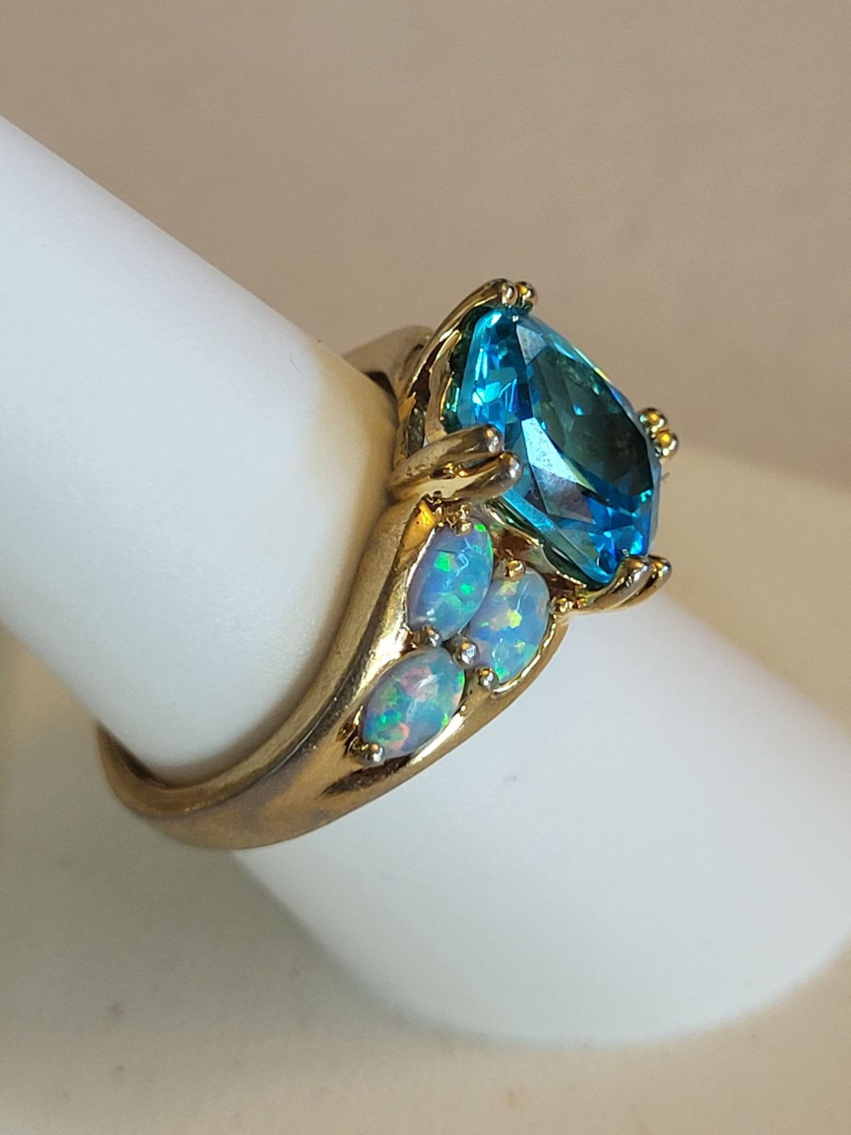 Sterling Silver Vermeil Aqua Blue Gemstone & Opal Bracelet Ring Necklace Parure