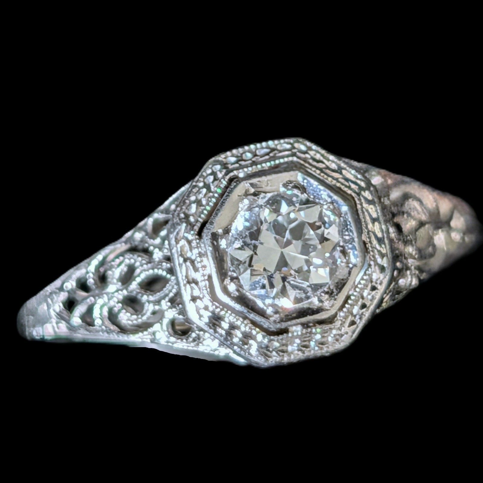 Art Deco Old European Cut Diamond 14k White Gold Platinum Engagement Ring 1920s