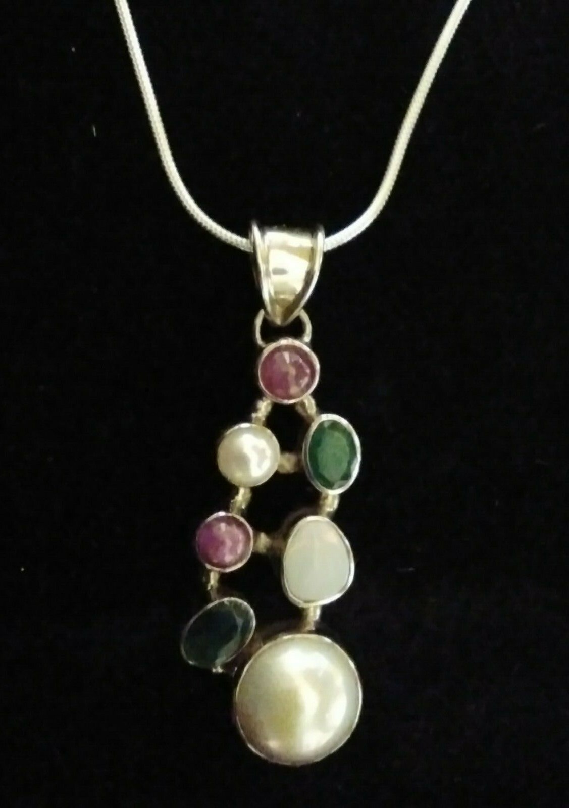 Unique Sterling Silver Opal Ruby Emerald Pearl One Of A Kind Pendant w Chain