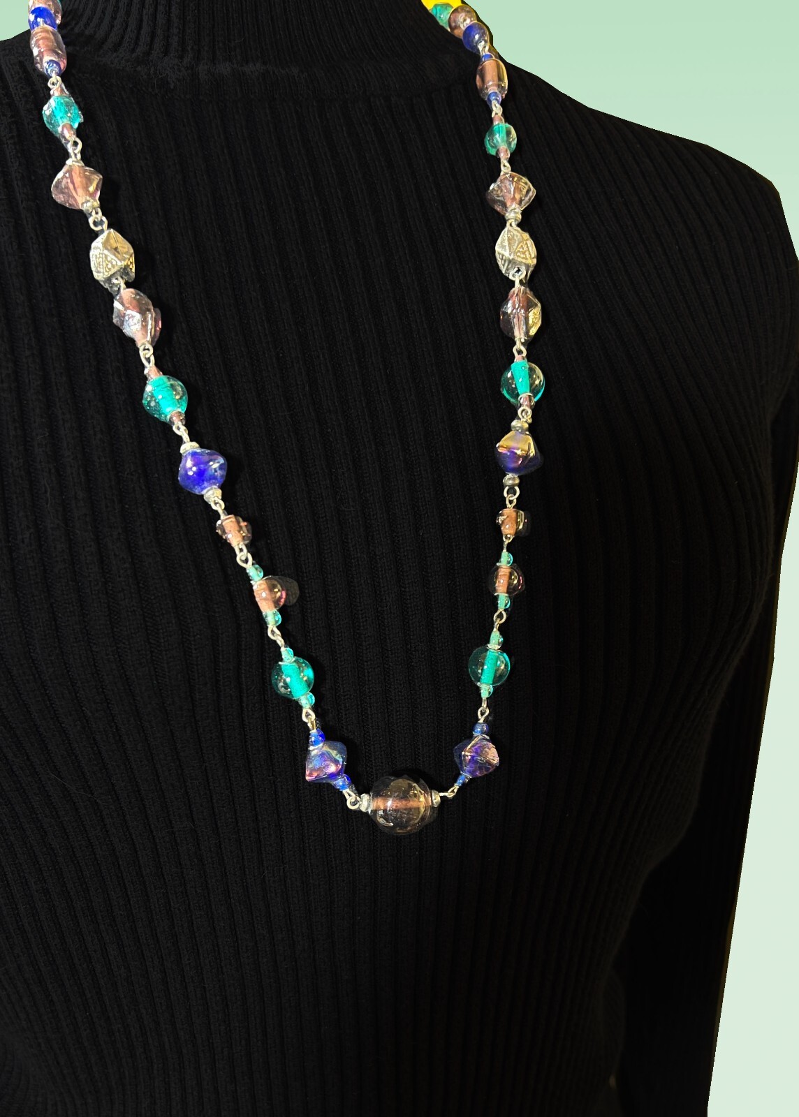 Vintage Blue, Green, Red Bauble & Tribal Silver Nugget Beaded Link Necklace