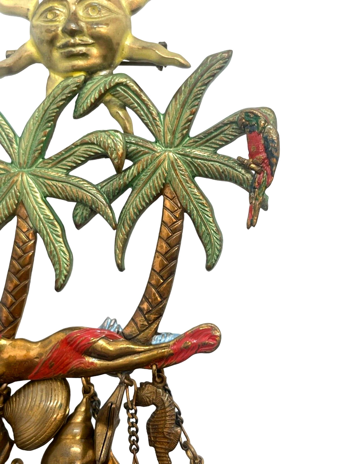 Huge Vintage Figural Palm Trees, Nude On Beach, Dangling Shells, Starfish Brooch