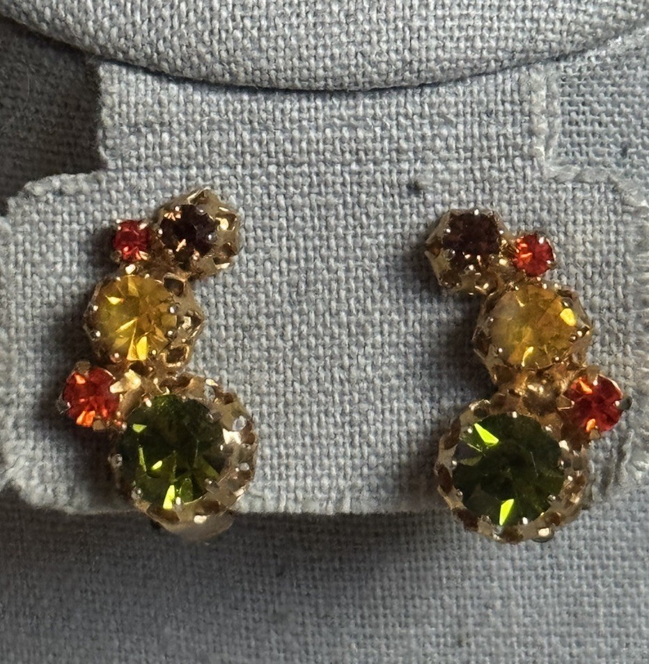 Vtg Signed Austria Crystal Climber Earrings Orange Green Yellow – Fall Colors