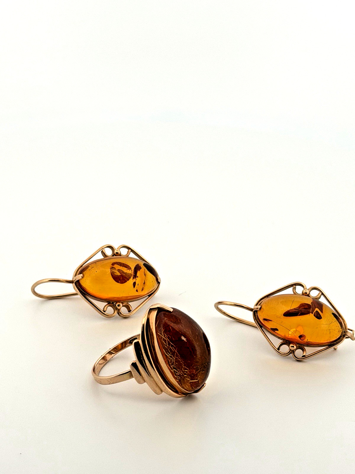 Vintage Russia 14K 585 Rose Pink Gold Honey Amber Earrings And Ring Set