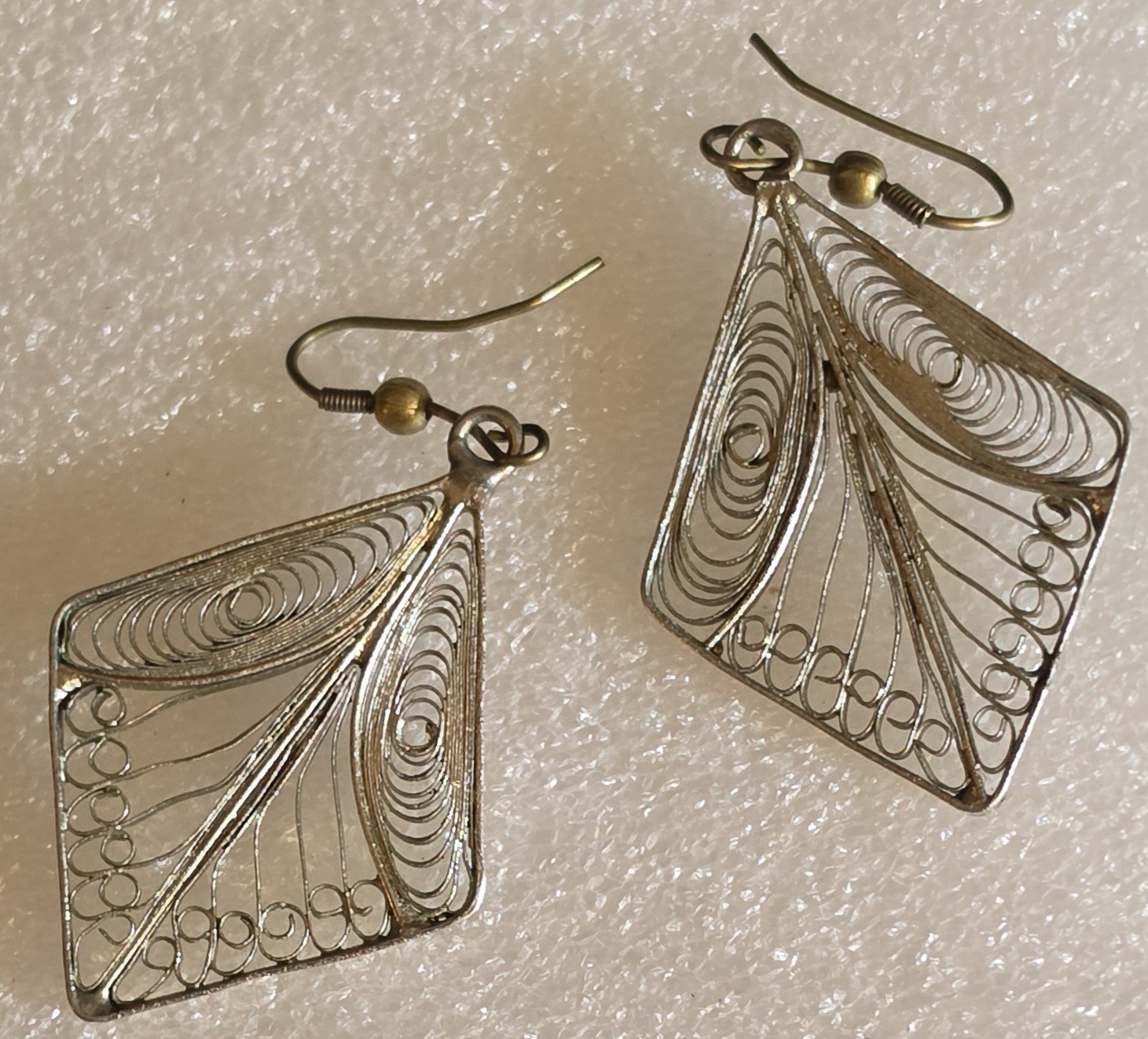 Vintage Silver Tone CANNETILLE Intricately Wired Dangle Drop Pierced Earrings
