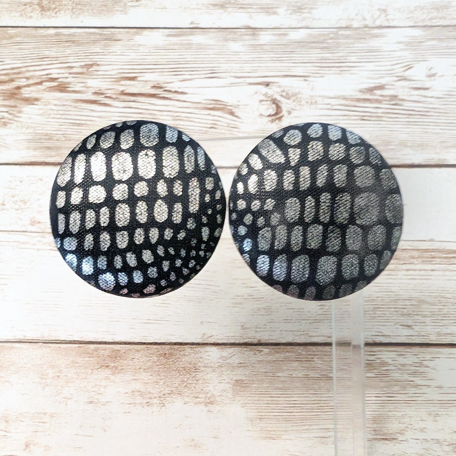 Vintage Clip On Earrings – Large Black with Silver Tone Design