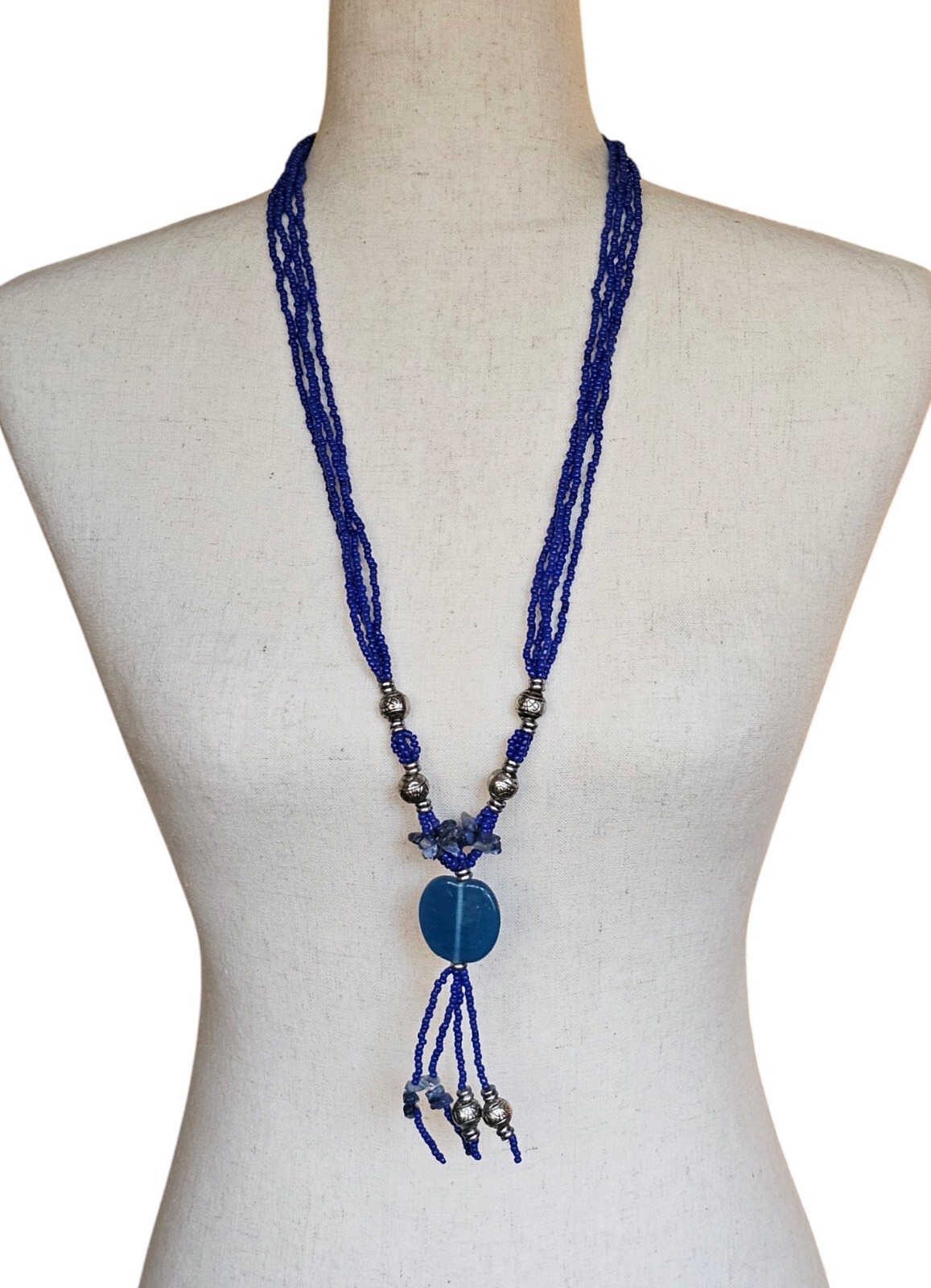 Vintage Glass Beaded Tassel Necklace Blue Native Boho Sodalite Southwestern