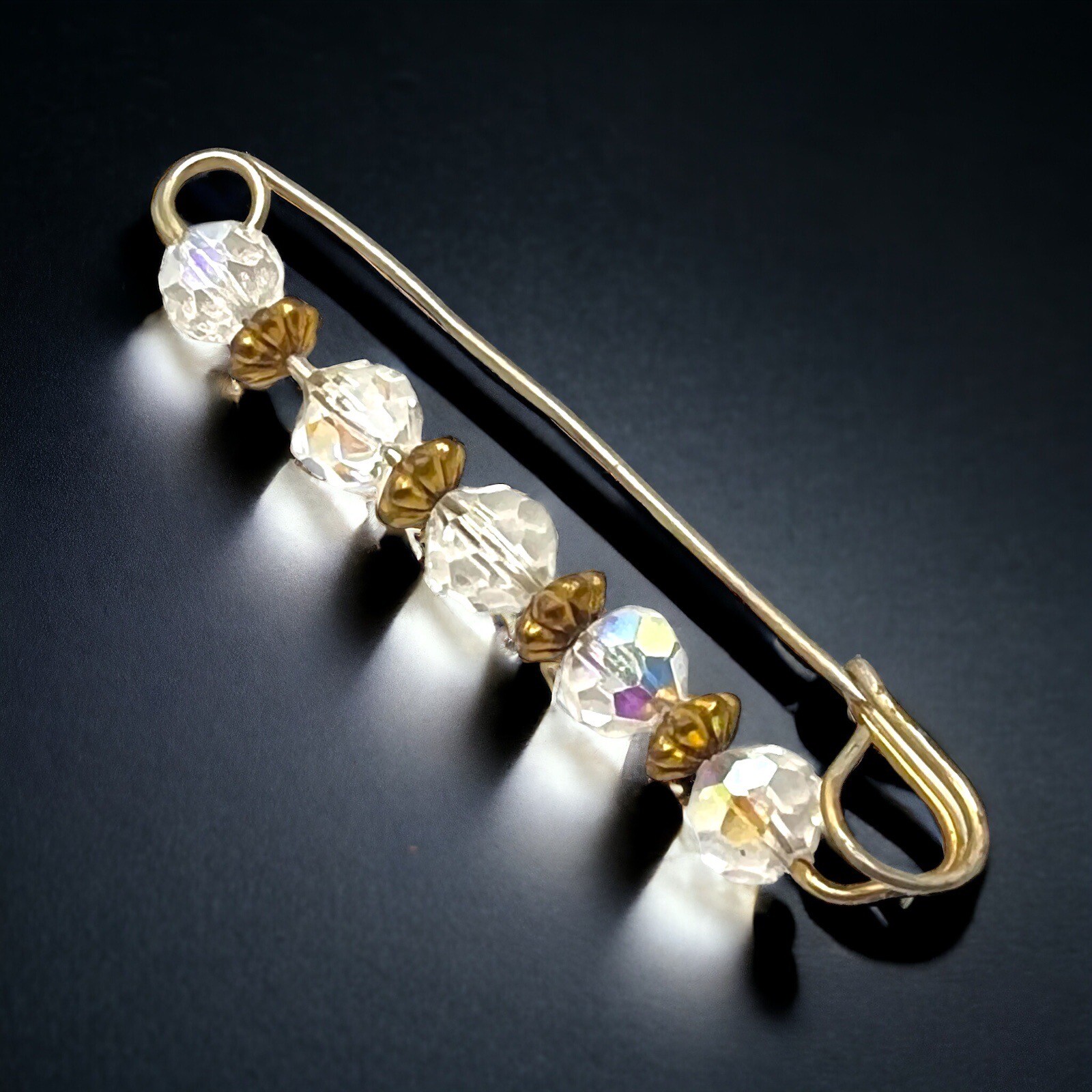 Aurora Borealis Kilt Pin Crystal Glass Bead Sweater Brooch Gold Tone
