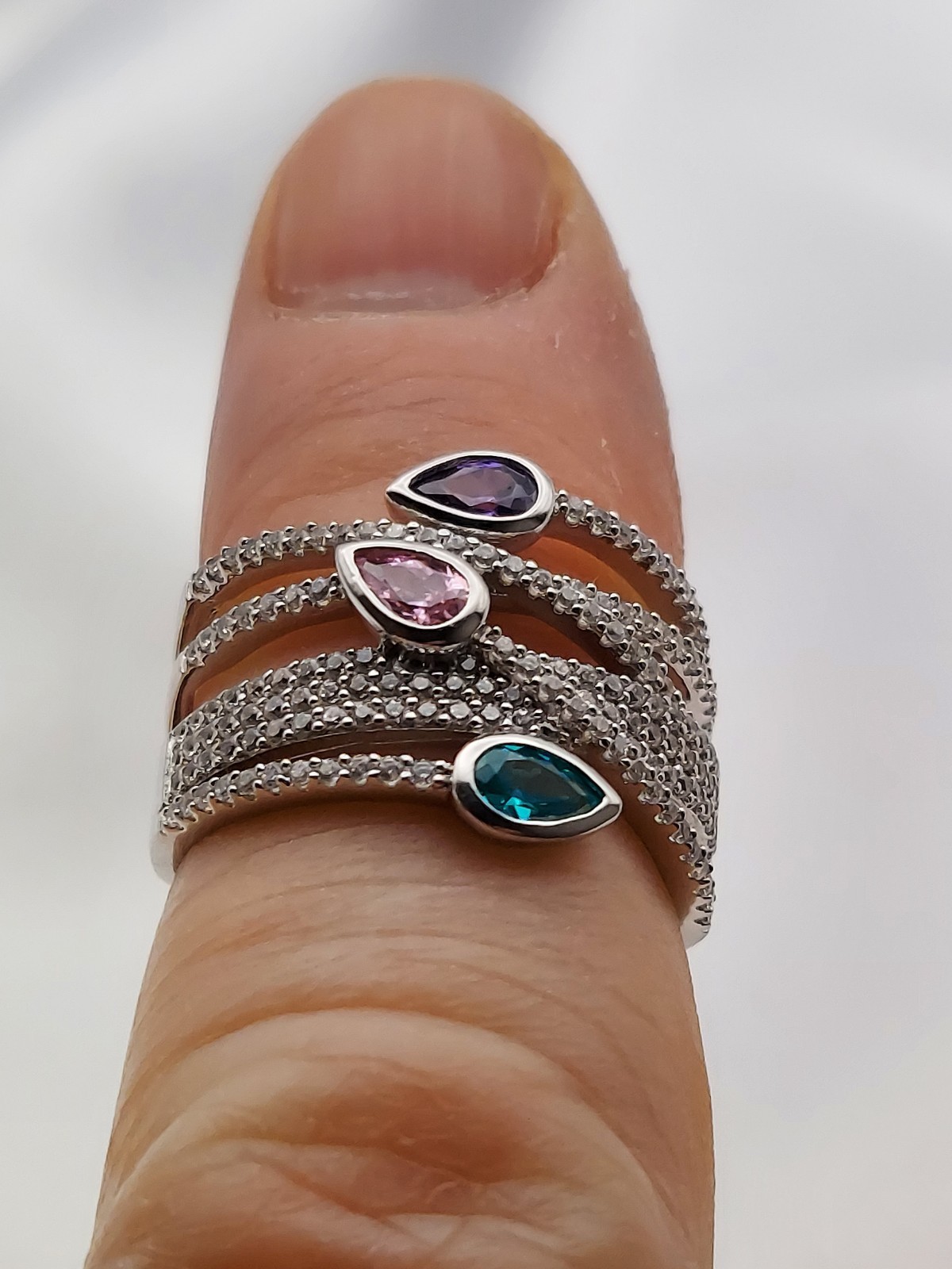Vintage PJM 6Band Sterling Crystal Muti Color Pear Cut Gemstones Ring 5.9Gr Sz8