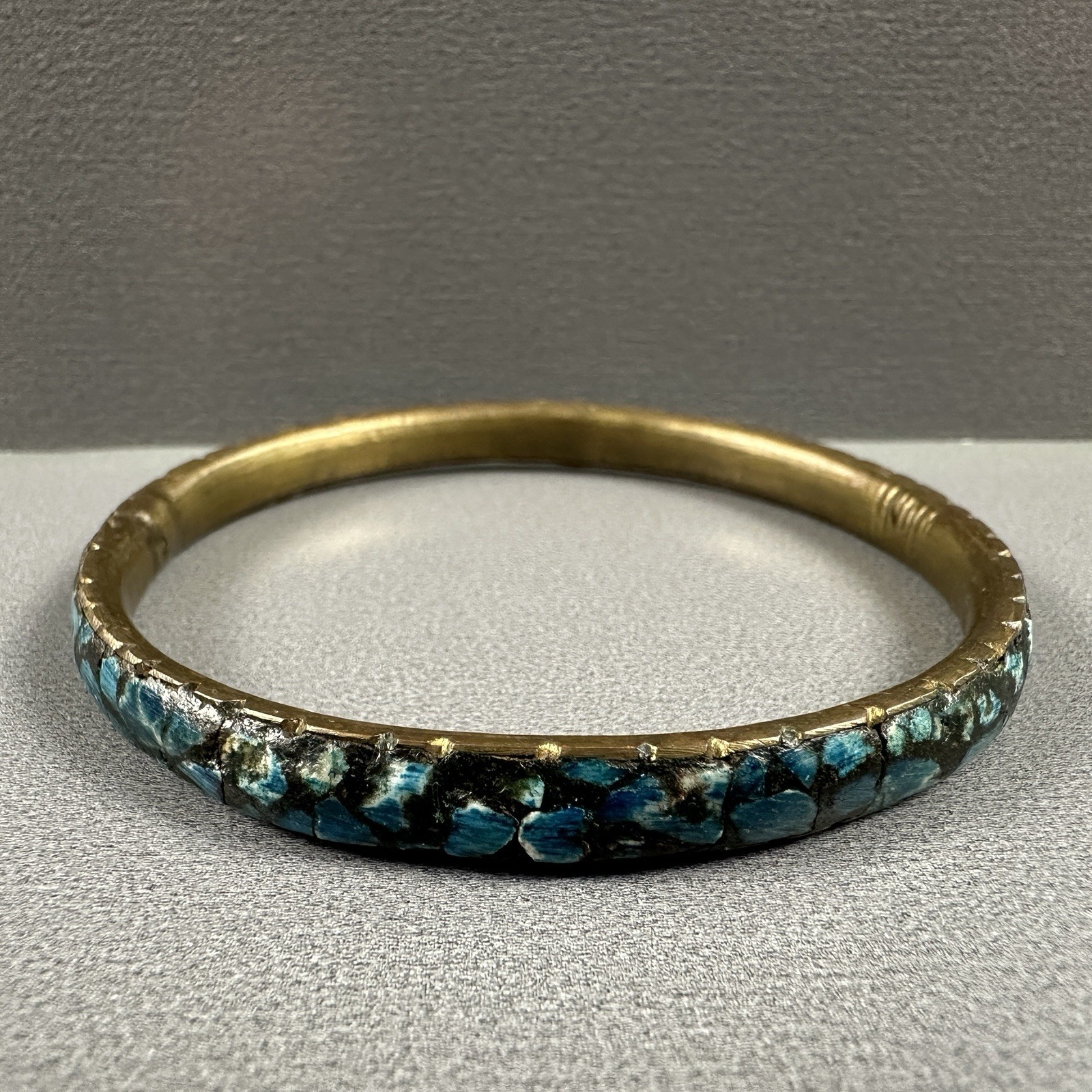 Vintage India Bangles Bracelet Mosaic Stone Brass Blue Green Inlay Set of 2