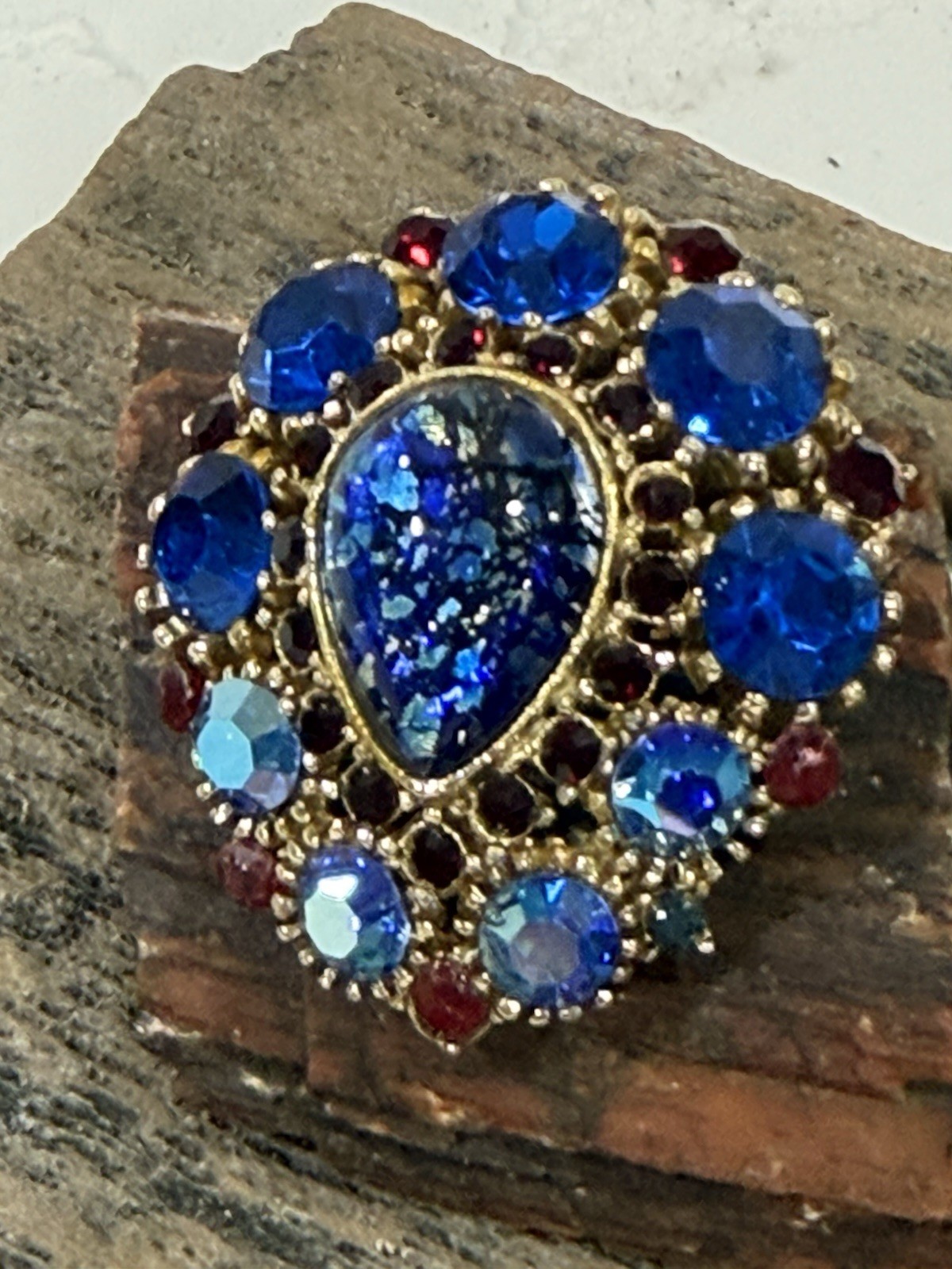 Vintage Brooch Center Teardrop Colbalt Blue AB Rhinestone Ruby Red Accent Stones