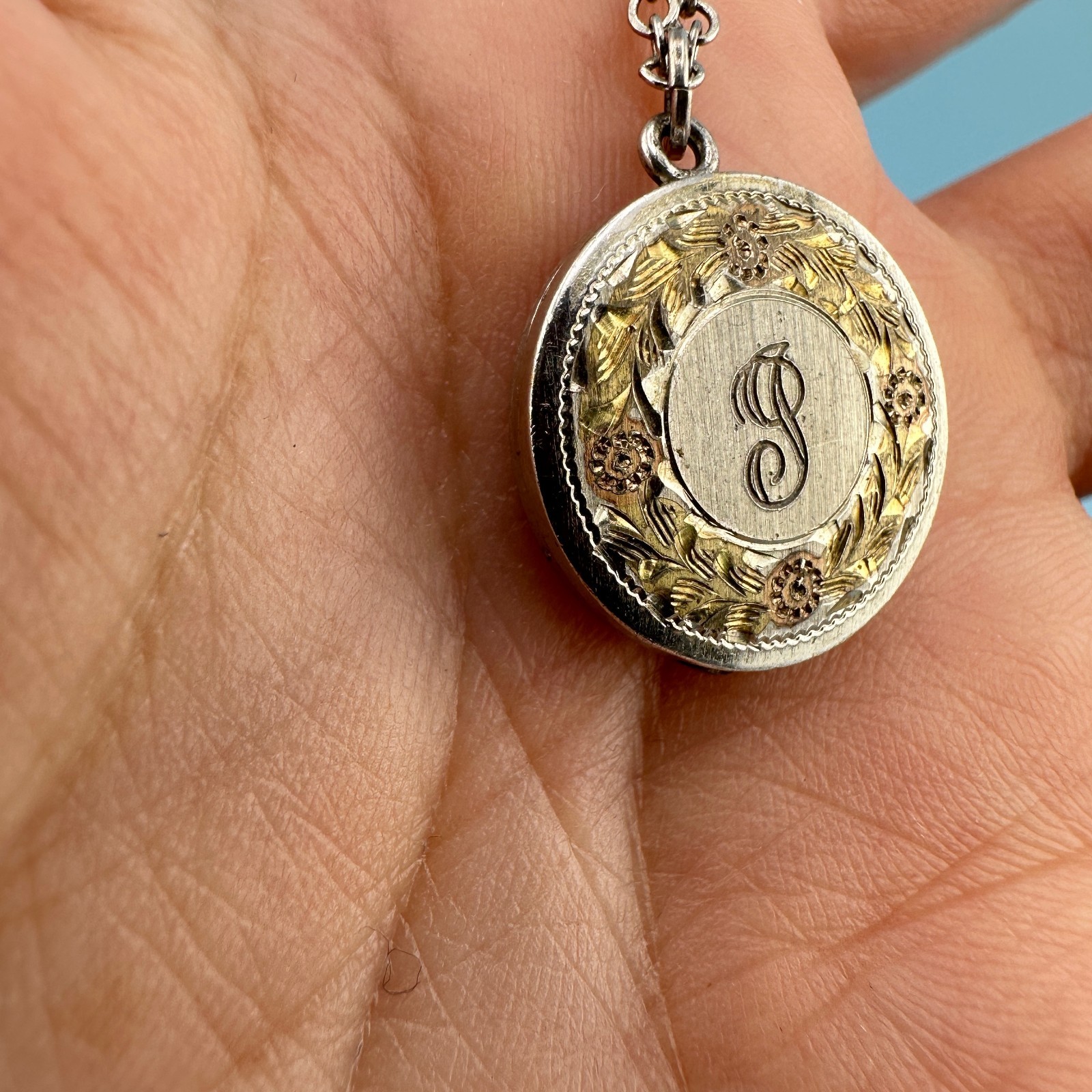 Vintage Locket Necklace Sterling 925 Gold Tone Inlay Letter P 1975 Engraved
