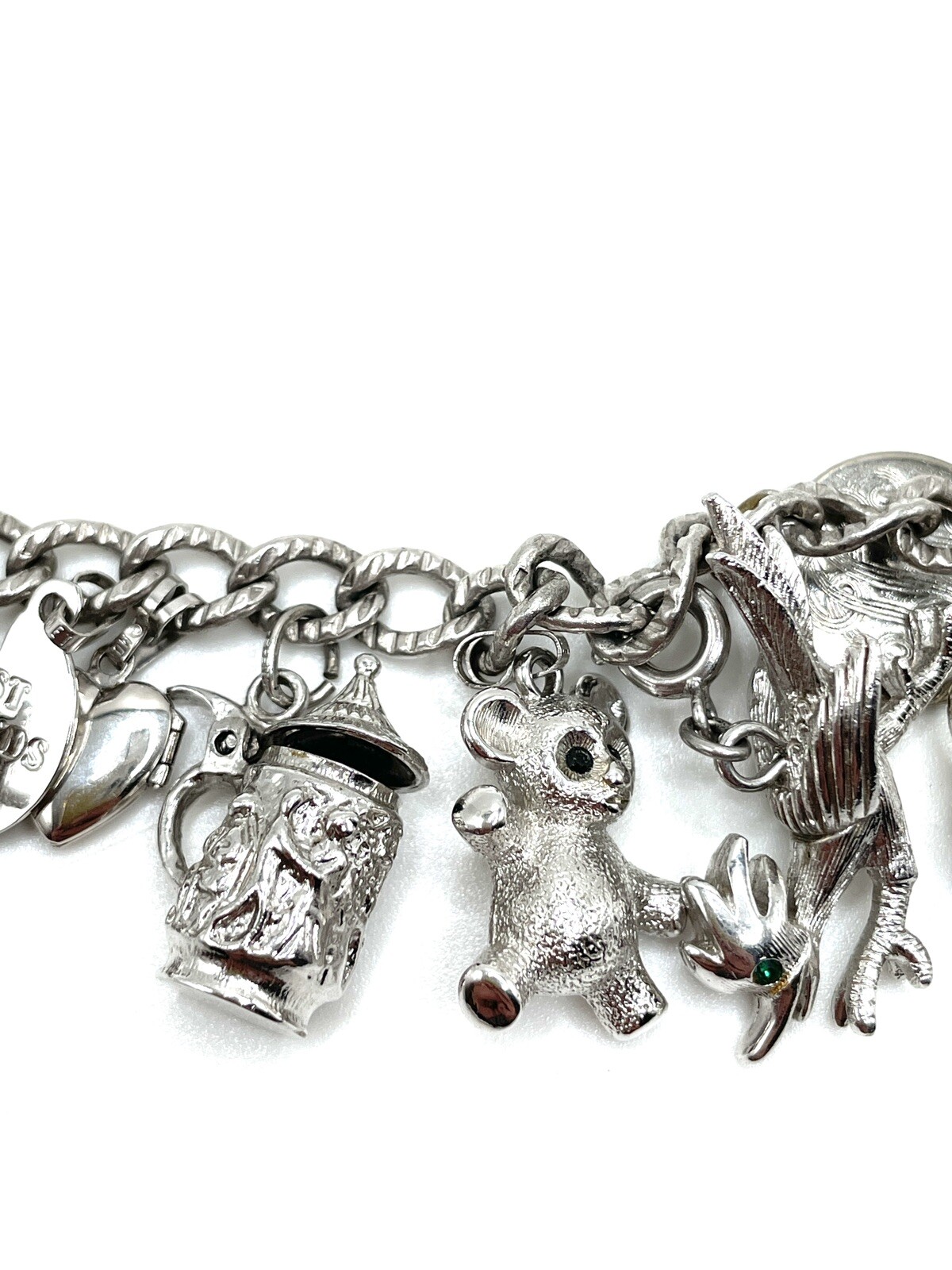 Monet Sterling Silver Articulated Figural Crystal Charm Bracelet 61.5g Vintage