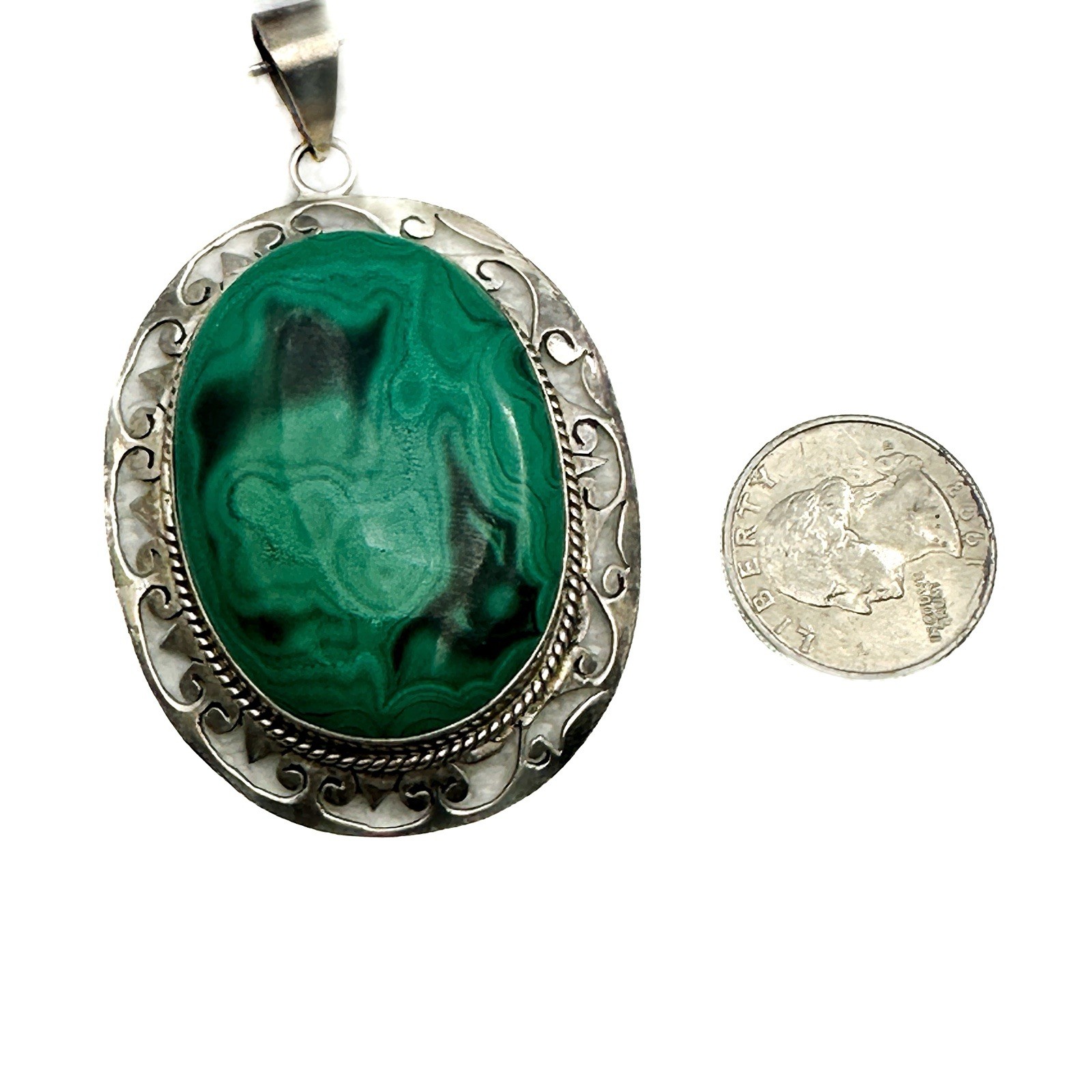 Sterling Silver & Malachite Statement Artisan Pendant Chain Necklace Handmade