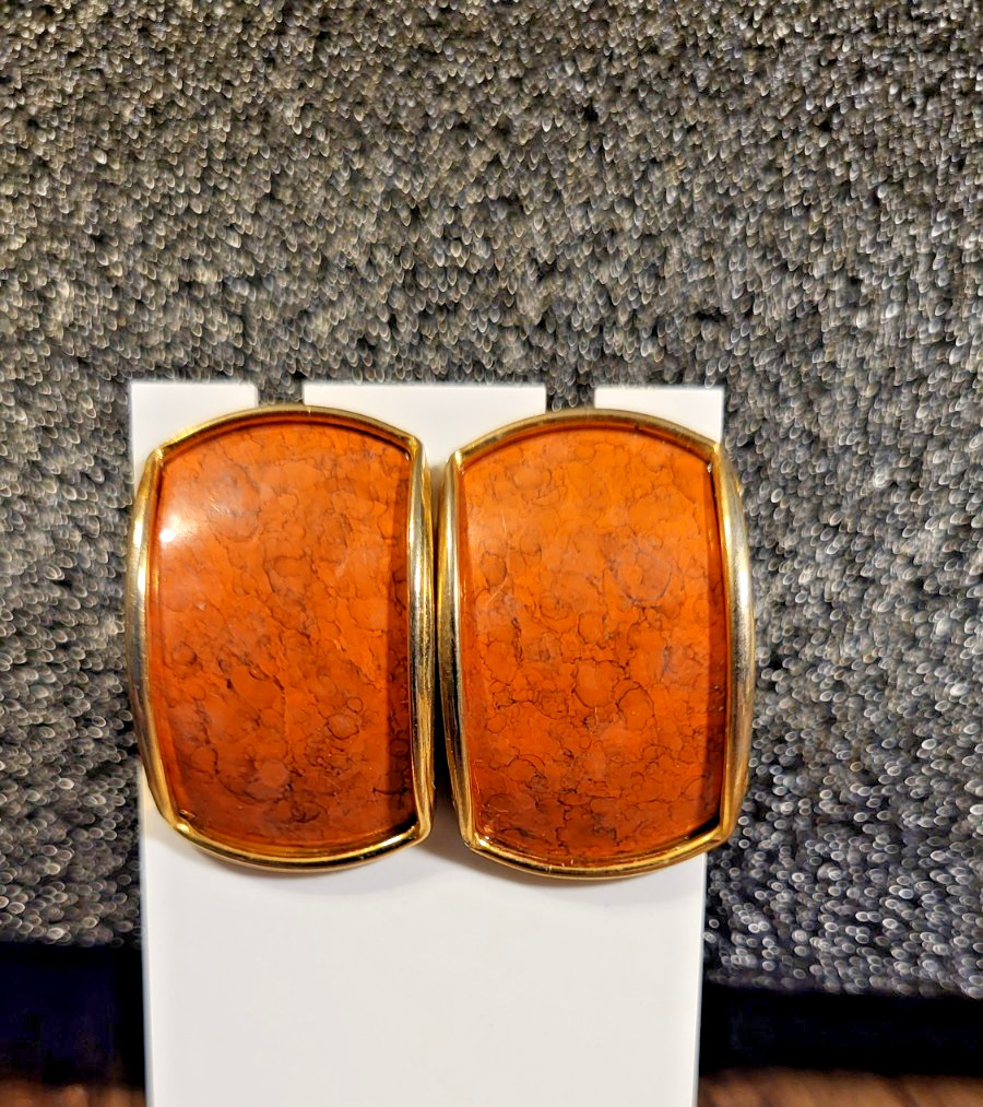 Vintage Gold Tone Orange Bold Rectangular Design Post Earrings