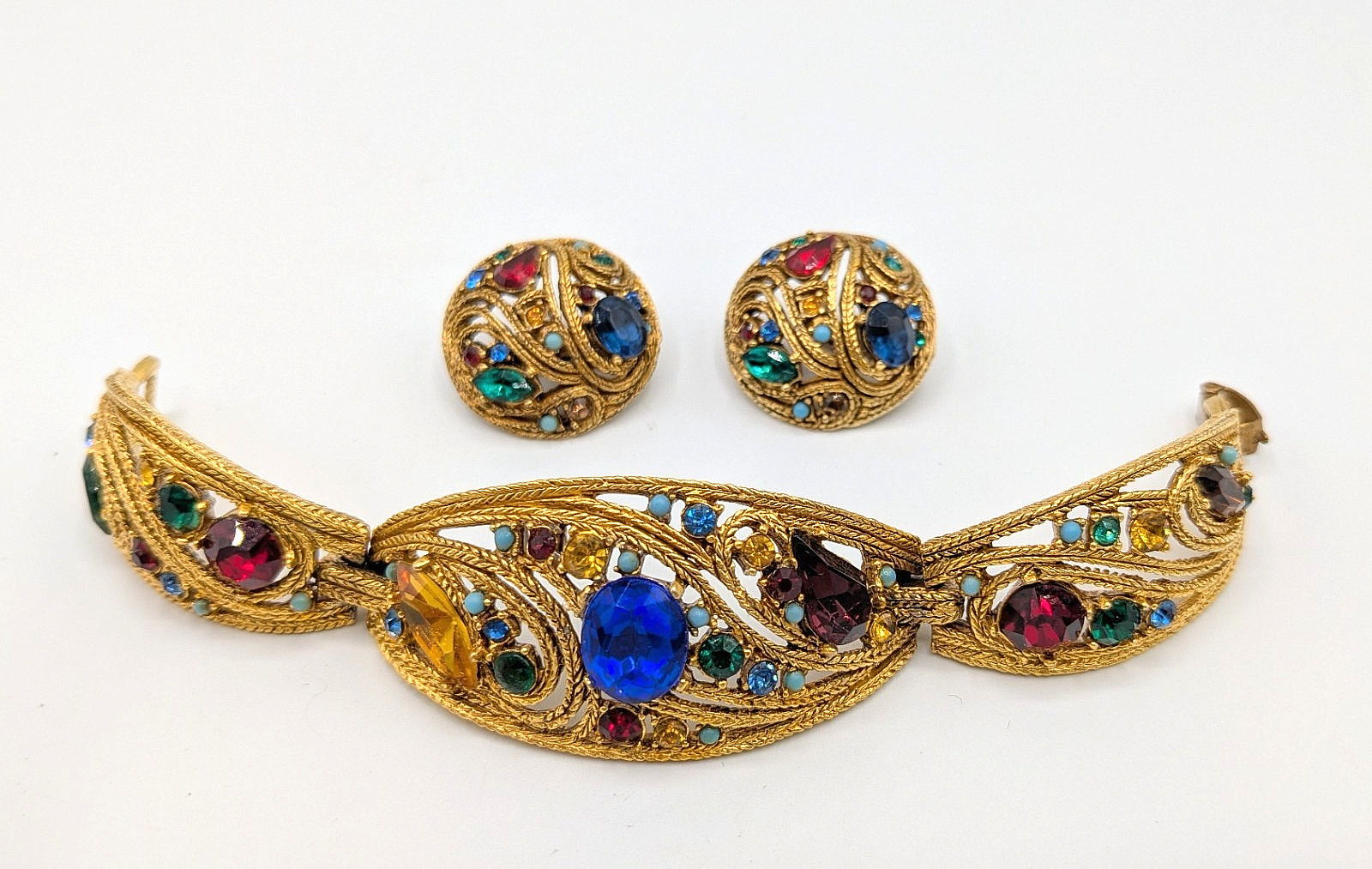 Vtg 50s La Roco Goldtone Filigree Multi-Color Rhinestone Bracelet & Earrings Set