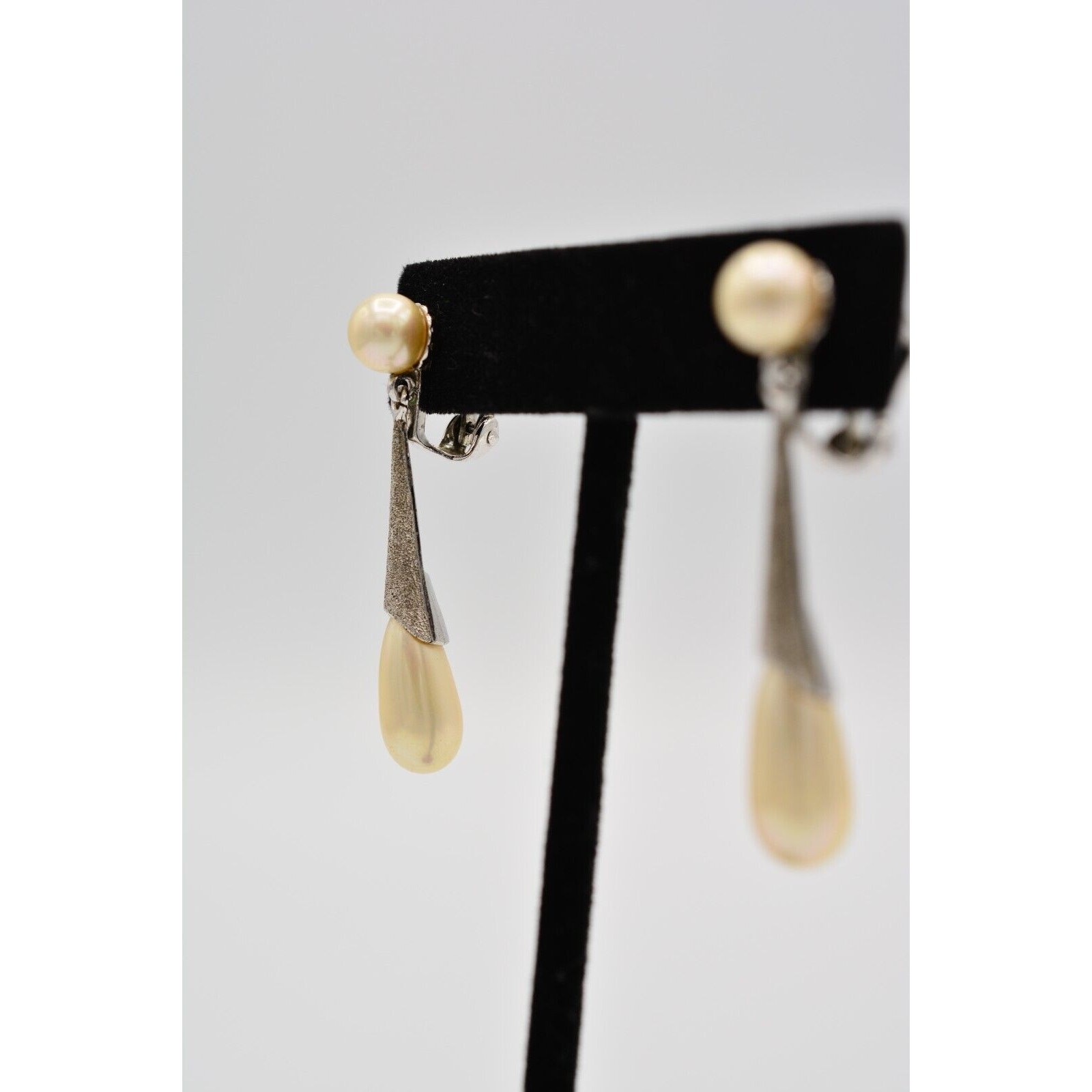 Vintage Dangle Earrings Silver Tone Faux Pearl Drop Textured Signed 1980s Bin7