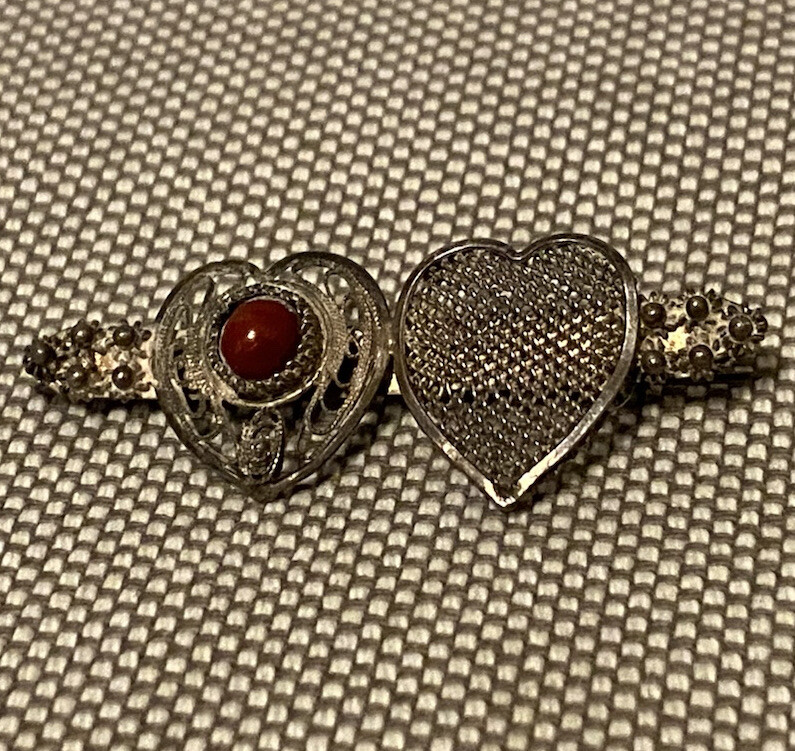 VICTORIAN 800 SILVER PIN Ornate Filigree Hearts Red Handmade Heart