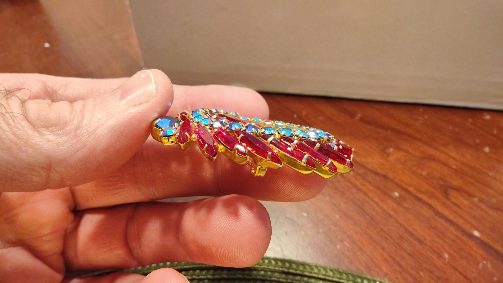Vintage Red & Iridescent Rhinestone 2 1/4″ Round Brooch