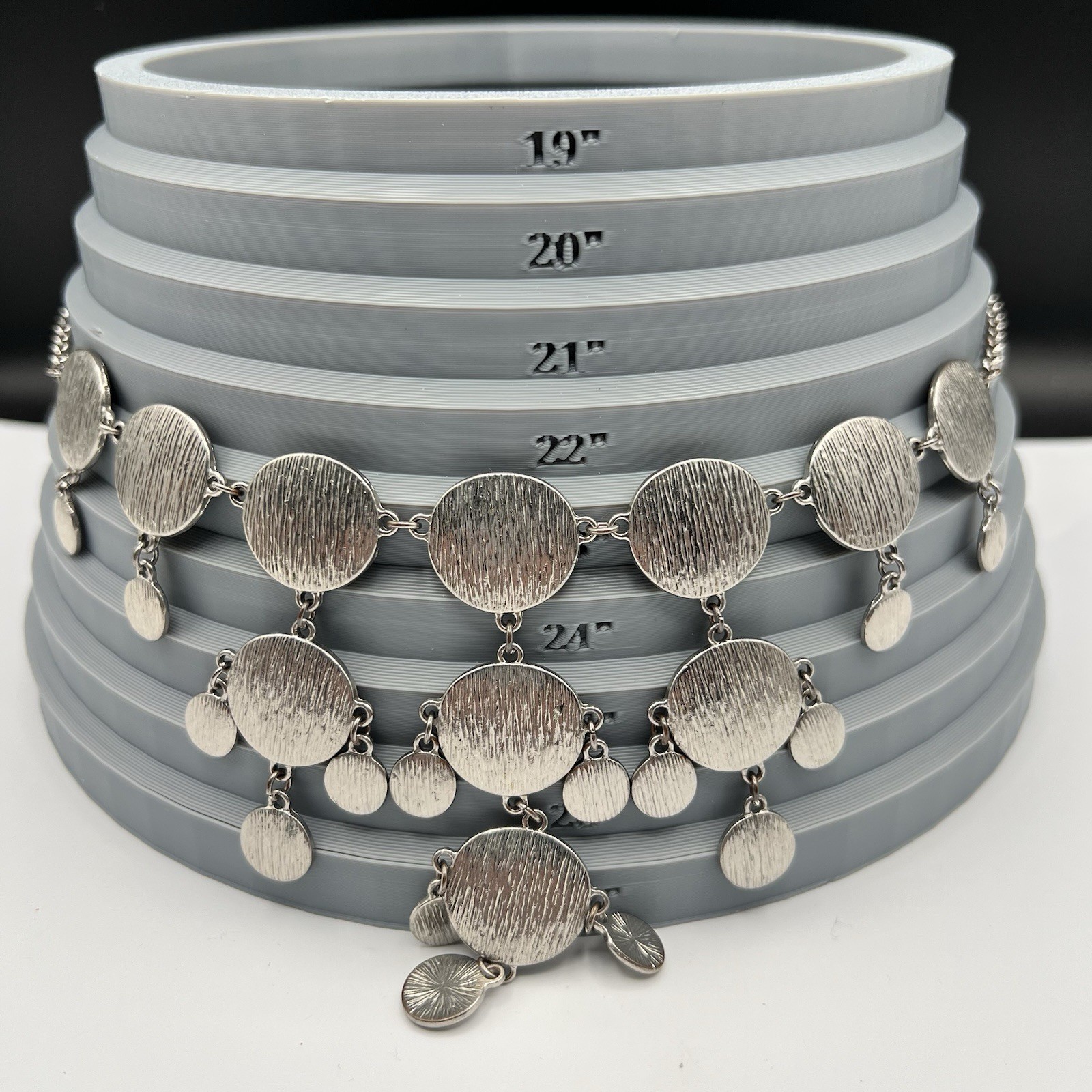 Vintage Brutalist Bib Necklace Silver Tone Disc Fringe Statement Adjustable
