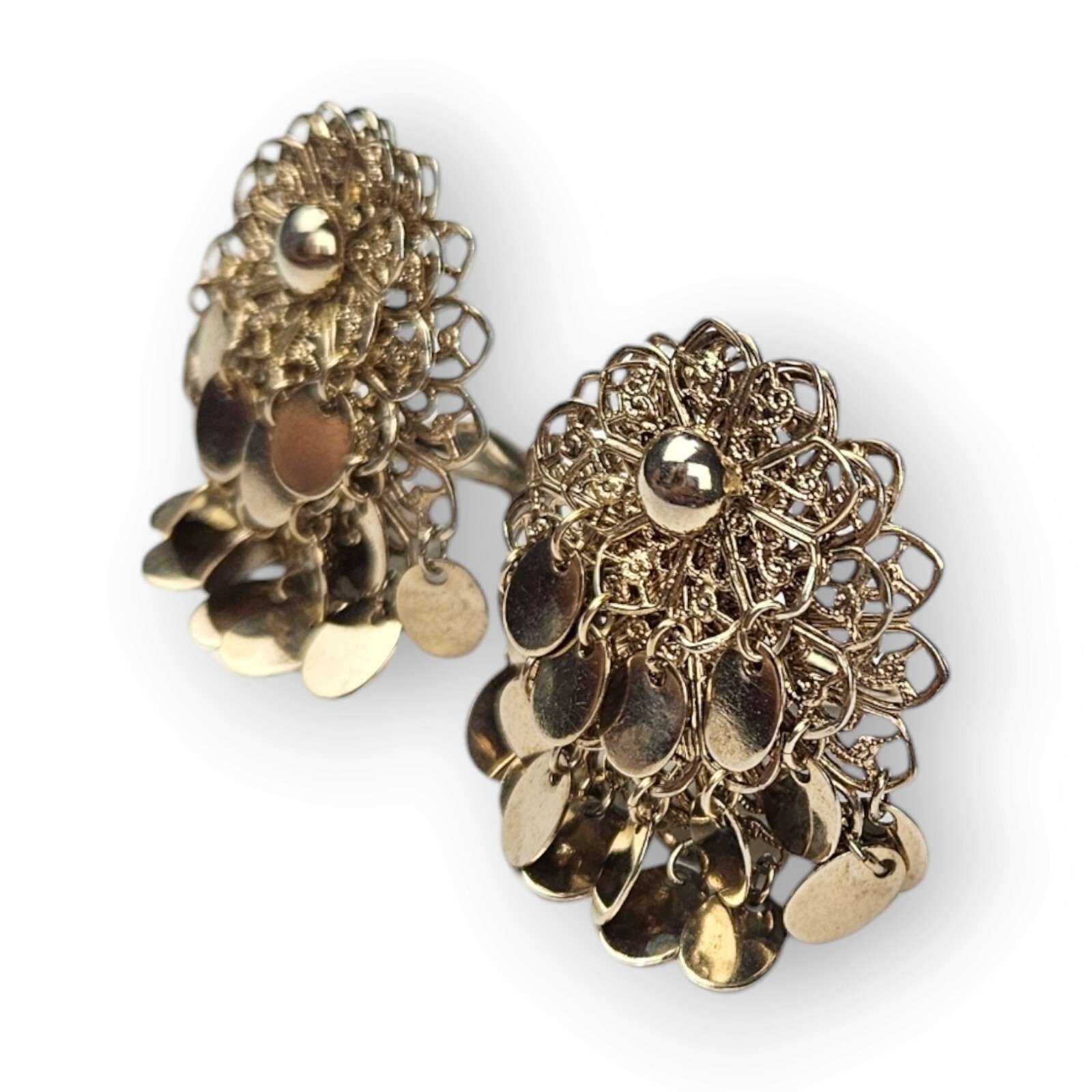 Vintage Filigree Flower Earrings Dangling Fringe Brass Layered Clip On 1.5″ Long