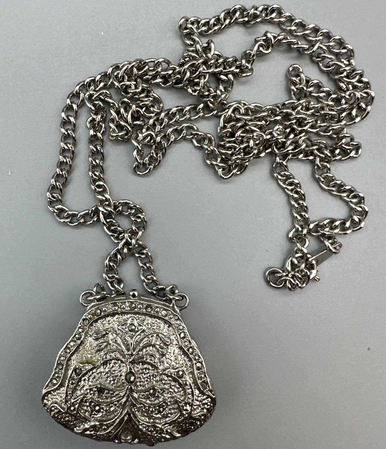 Vintage Xanadu Quartz Y2K Purse Hidden Watch Necklace Works Marcasite Adorned