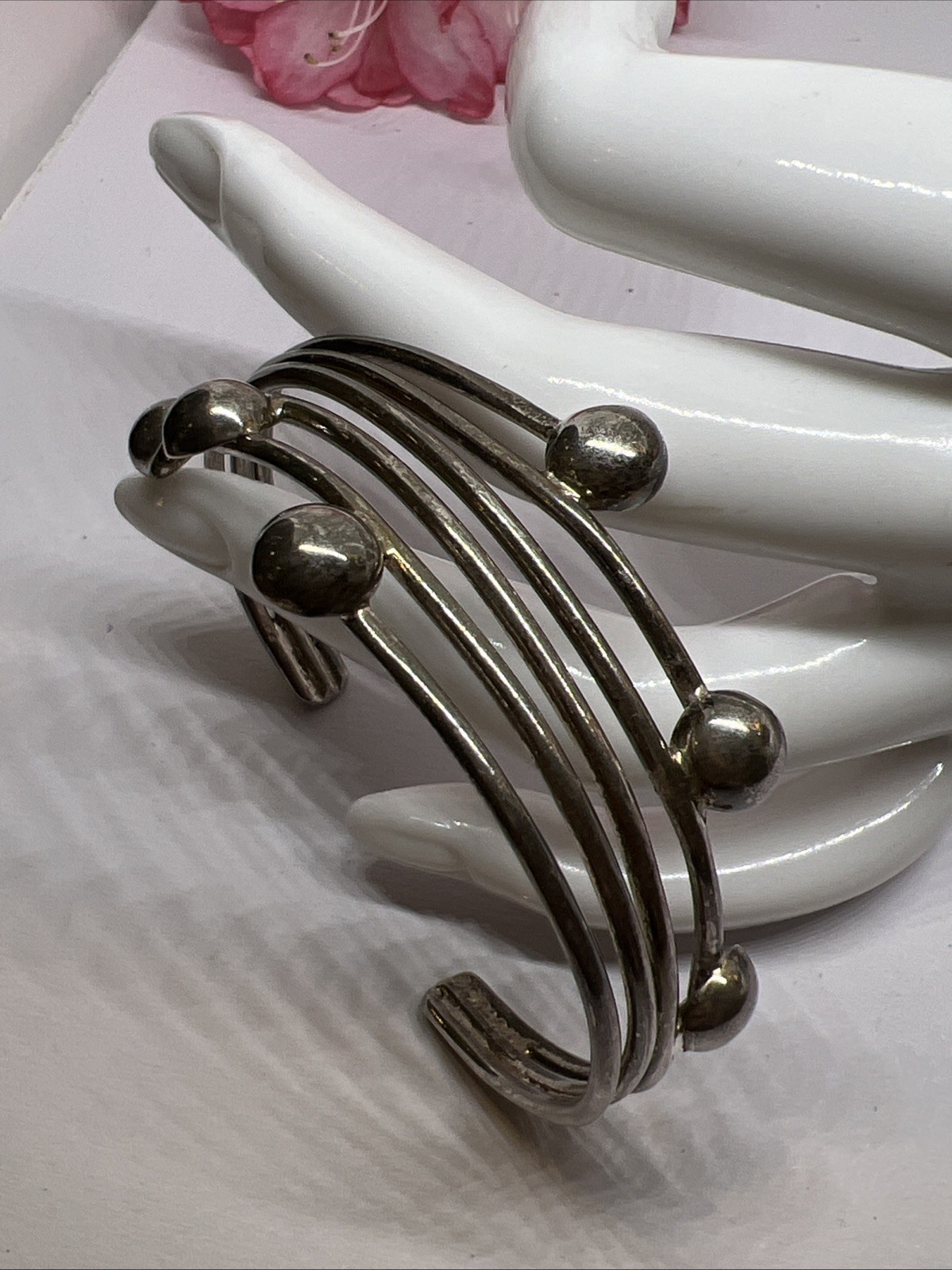 Vintage Signed 925 Multi-Wire Open Cuff Bracelet w/ Silver Balls 21.4g