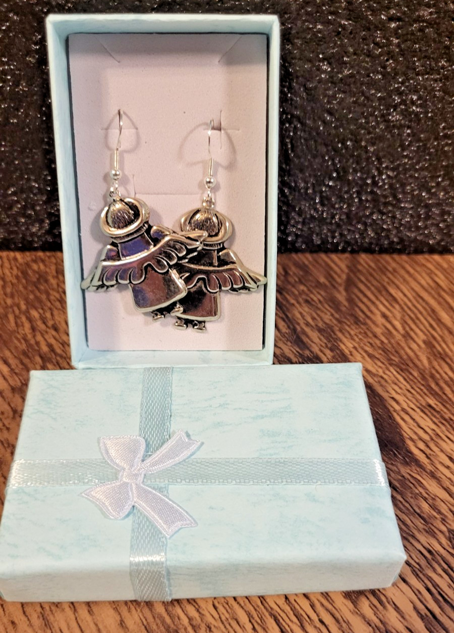Vintage Sterling Silver 925 Angel Dangle Earrings Textured Wings Folk Art