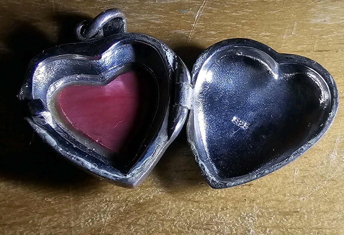 Sterling Silver Marcasite Puffy Heart Locket Pendent Charm Red Coral Center