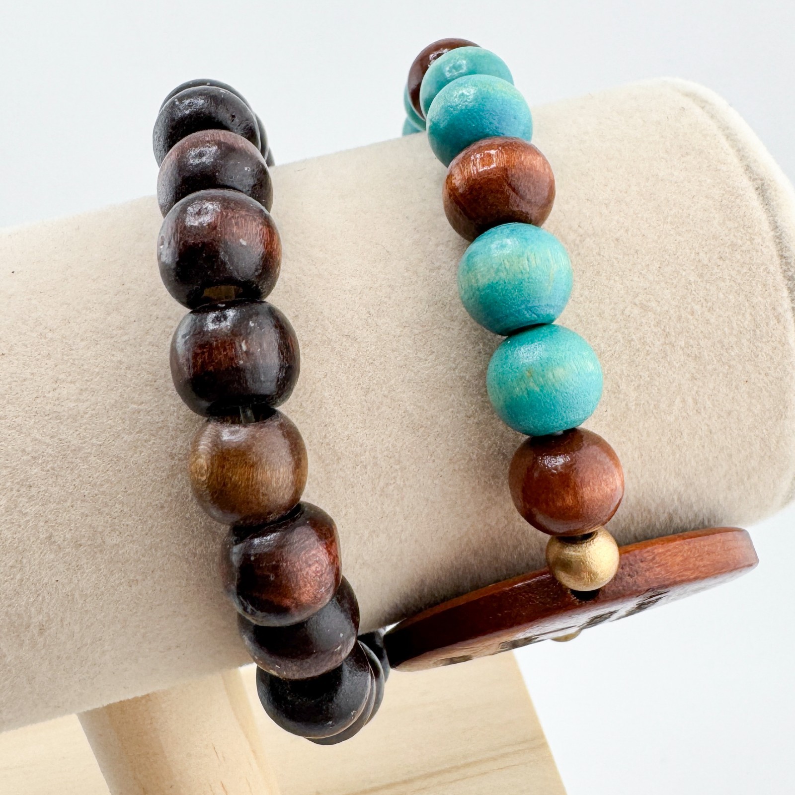 Wood Bead Bracelet 2 Set Stretch Stack Boho Quote “Beautiful Mindset” Earthy