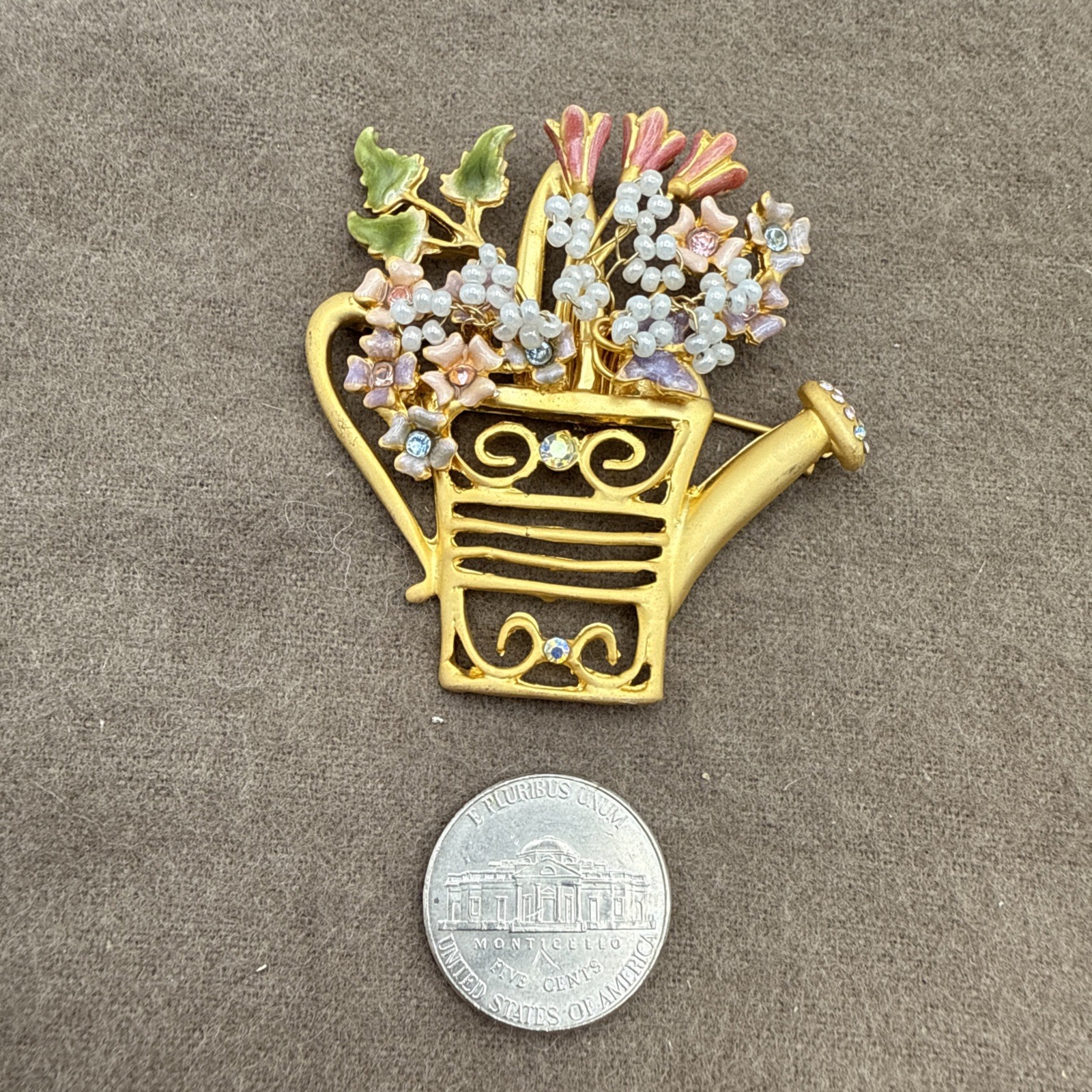 VTG Spring Watering Can Brooch Flowers Gardening Gardener Rhinestones & Enamel
