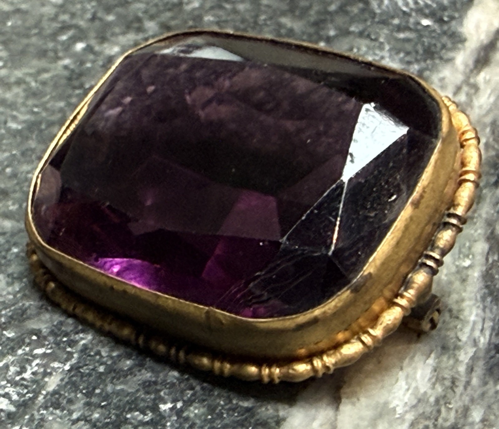 Antique Victorian Cushion-Cut Amethyst Glass Pin – as-is (missing pin)