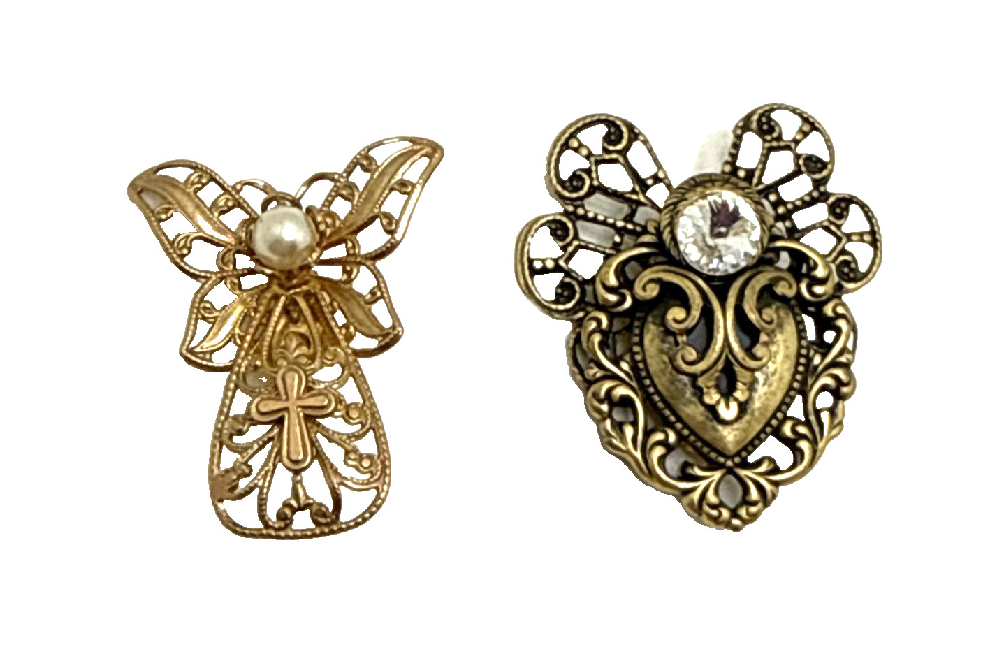 Vintage JANE Angel Brooches Ornate Bronze & Gold Tone Filigree Pins Lot of 2