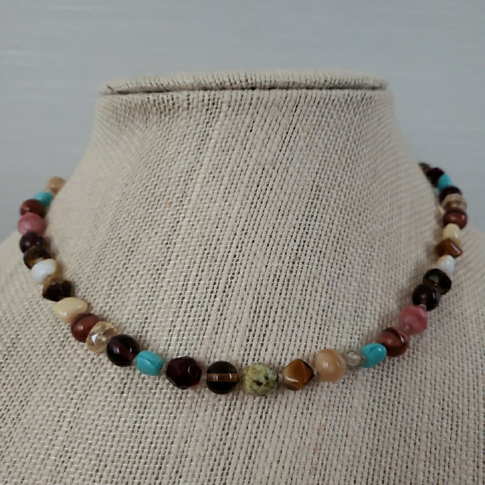 VTG Multi Polished Gemstone Necklace 16.5″ Knotted Faceted Glass Agate