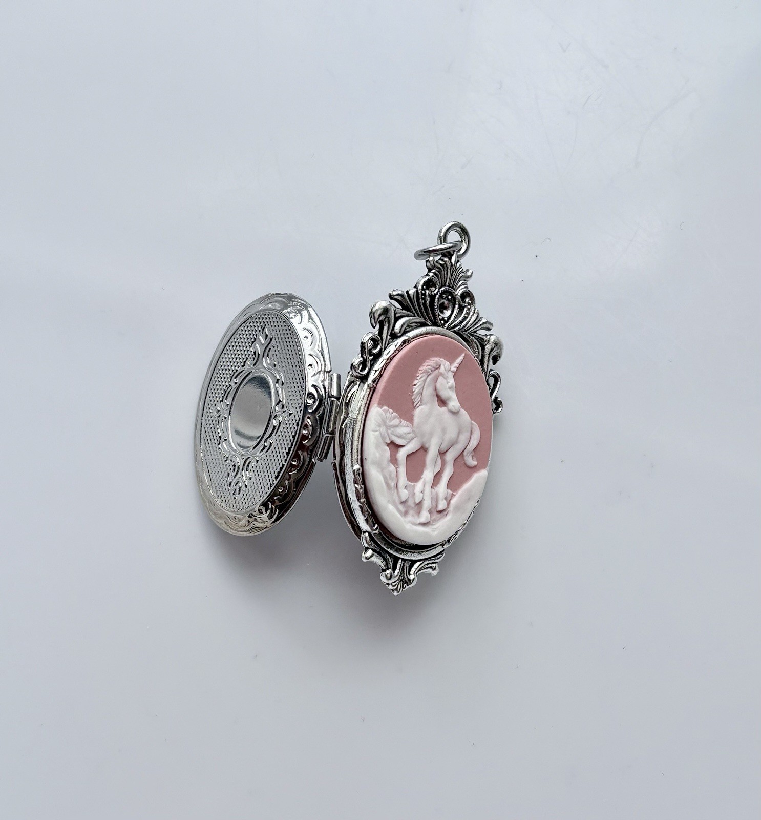 Pink Unicorn Cameo HIDDEN LOCKET Necklace, Vintage Secret Pillbox Pendant