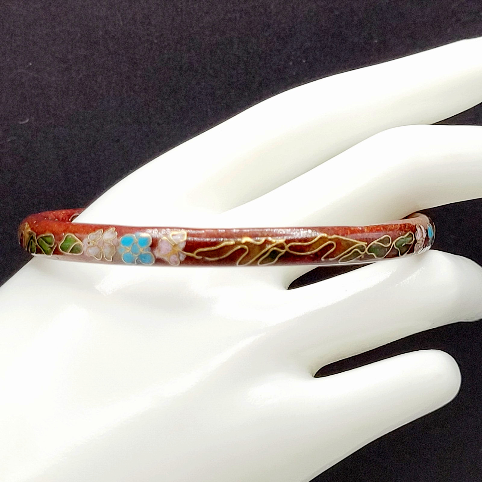 Cloisonné Deep Red Enamel Floral Hand Painted Asian Inspired Bangle Bracelet