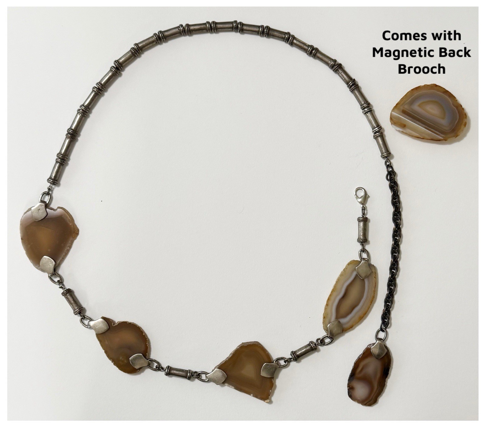 Modernist Pewter Tube Bead & Agate Geode Slices Chain Belt or Necklace 34”- 40”