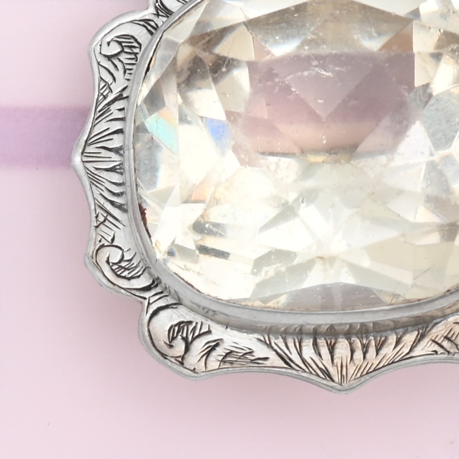 Antique Victorian Natural Rock Crystal Cushion Cut Sterling Silver Brooch Pin