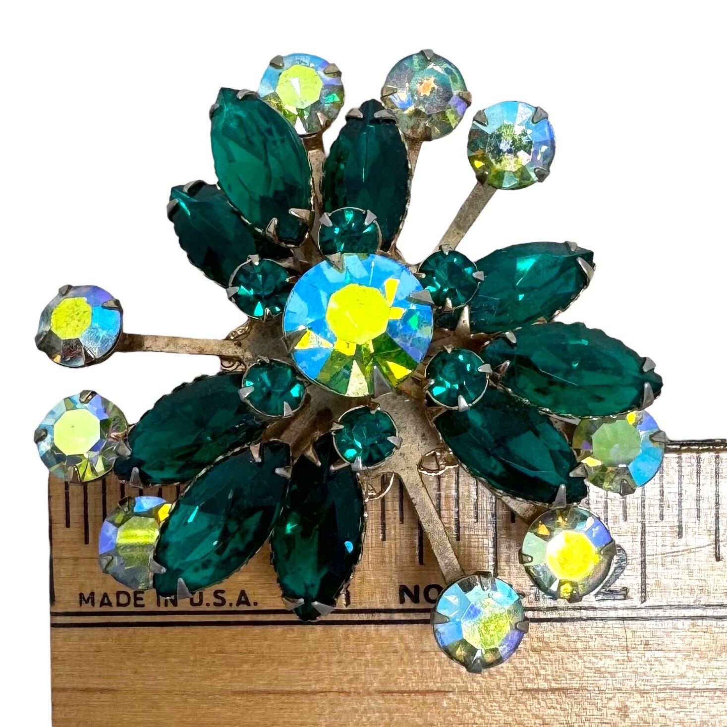 Vtg Gold Tone Light Dark Green Rhinestone Brooch Rivet Filigree Back Satellite
