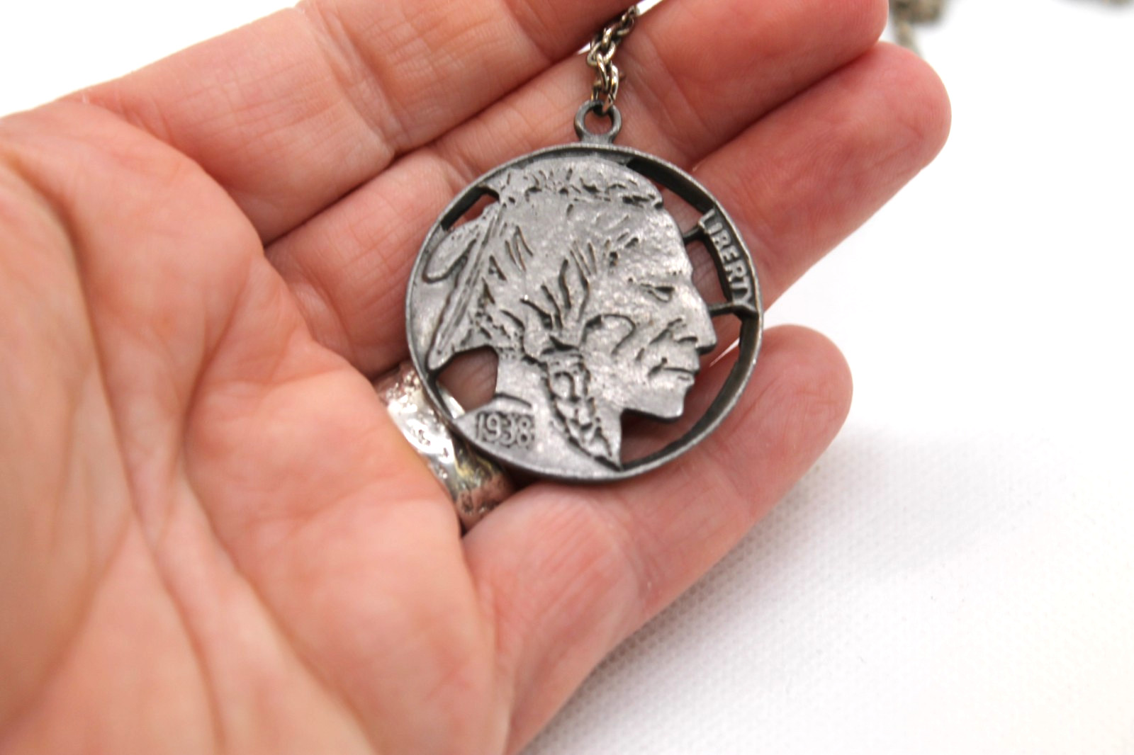Reproduction Buffalo Nickel Cut Out Pendant Necklace, Large 1.5″ Native American