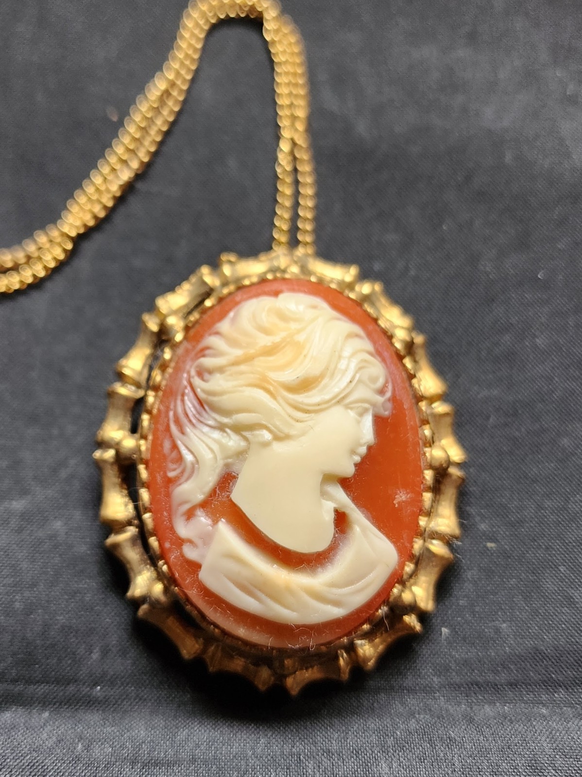 Vintage Salmon Color Lady Head Cameo Necklace Pendant Brooch Pin Beautiful NOS