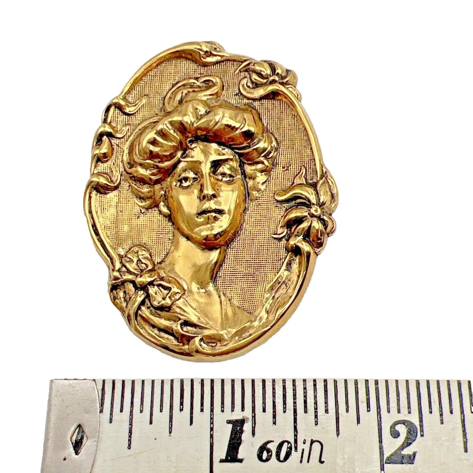 Raised Relief Brooch Metal Gold Tone Repousse Lady Medallion Pin Fashion Jewelry
