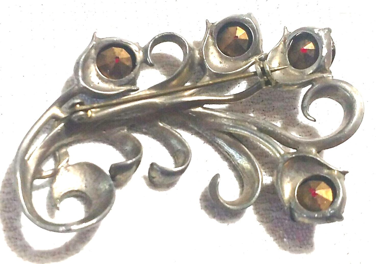 4 Red Stone Roses Art Nouveau Brooch Silver Tone Metal VTG Estate 1930’s-1950’s